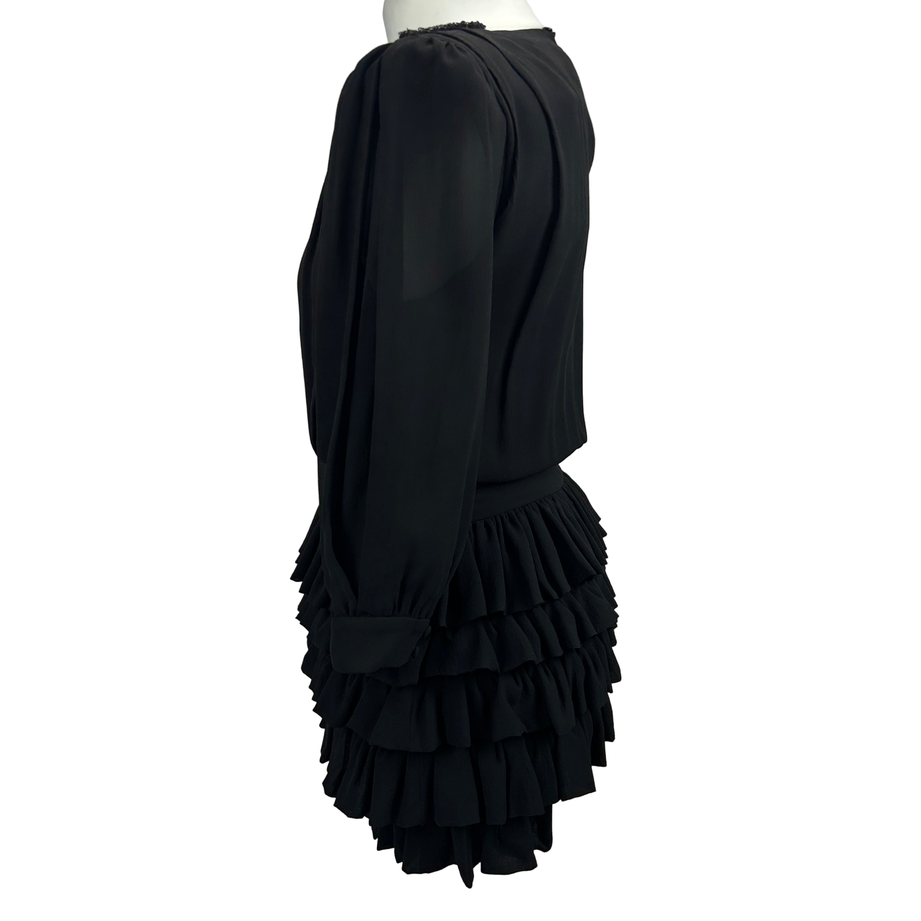 Saint Laurent New Black Sequinned Silk Chiffon Ruffle Dress XS