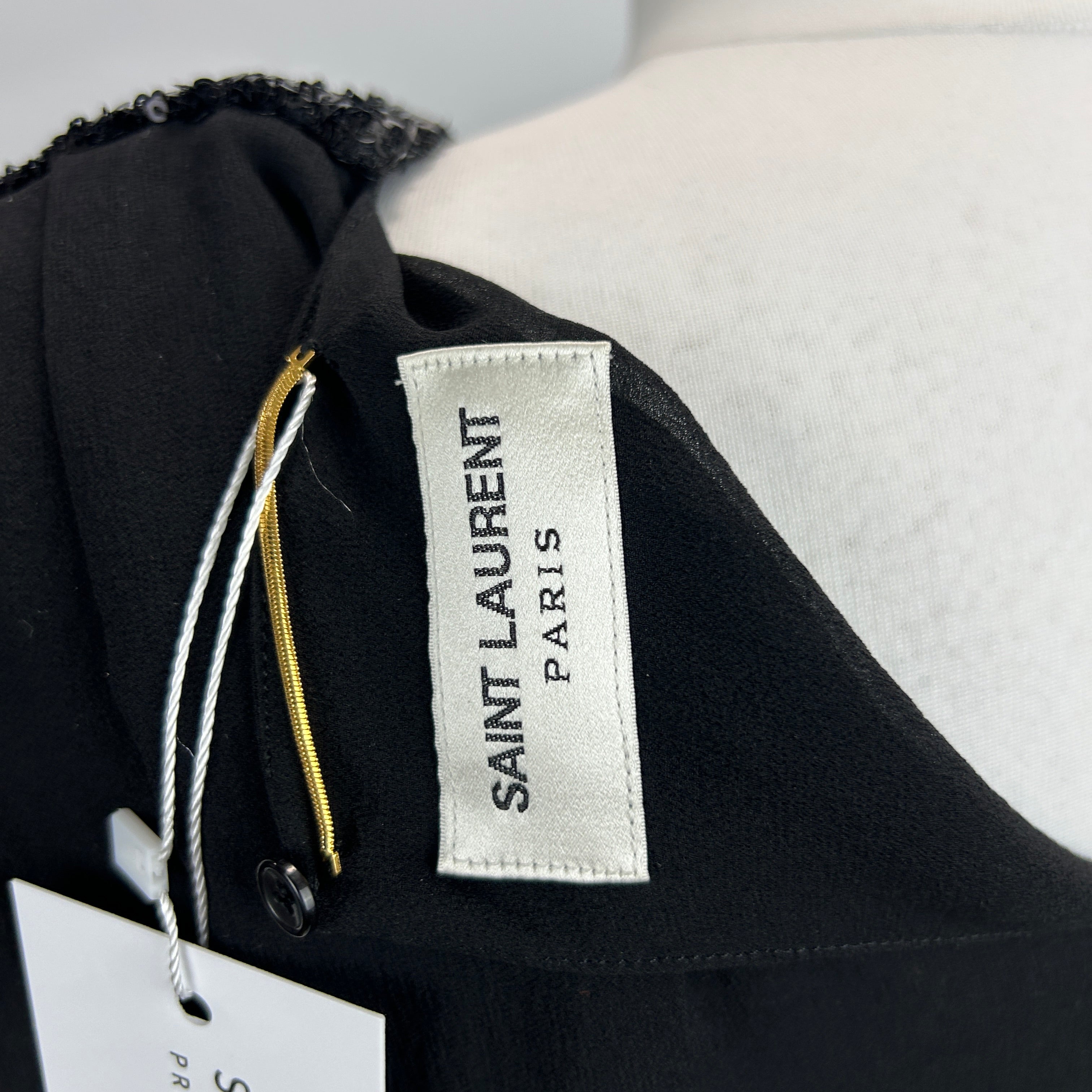 Saint Laurent New Black Sequinned Silk Chiffon Ruffle Dress XS