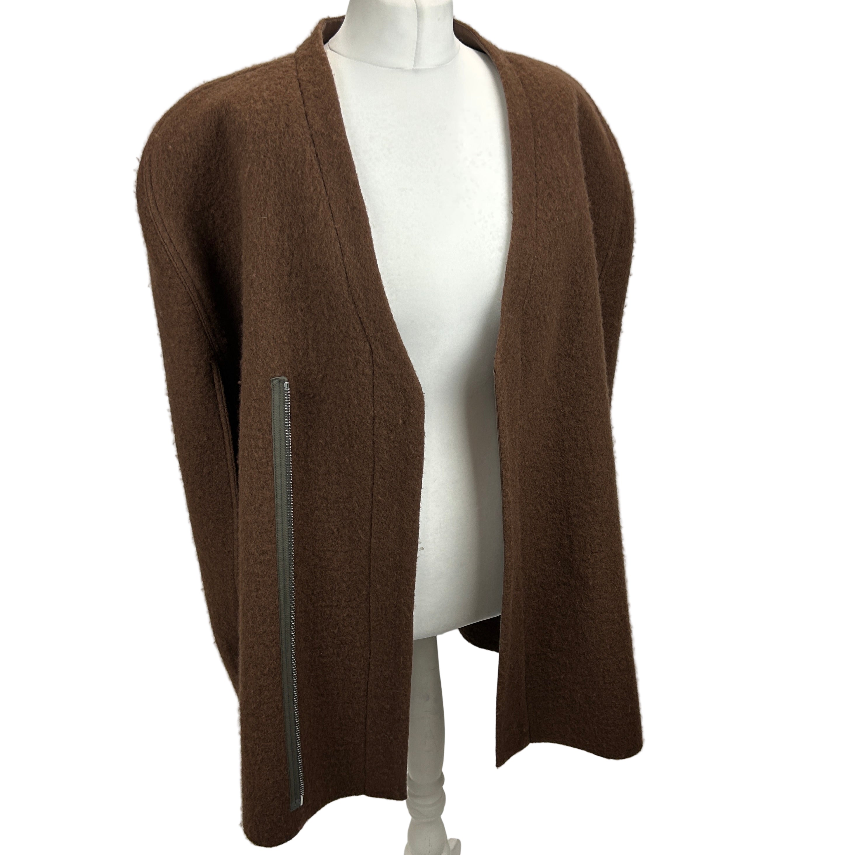 Rick Owens £1400 Brown Boucle Wool Zippered Cape M