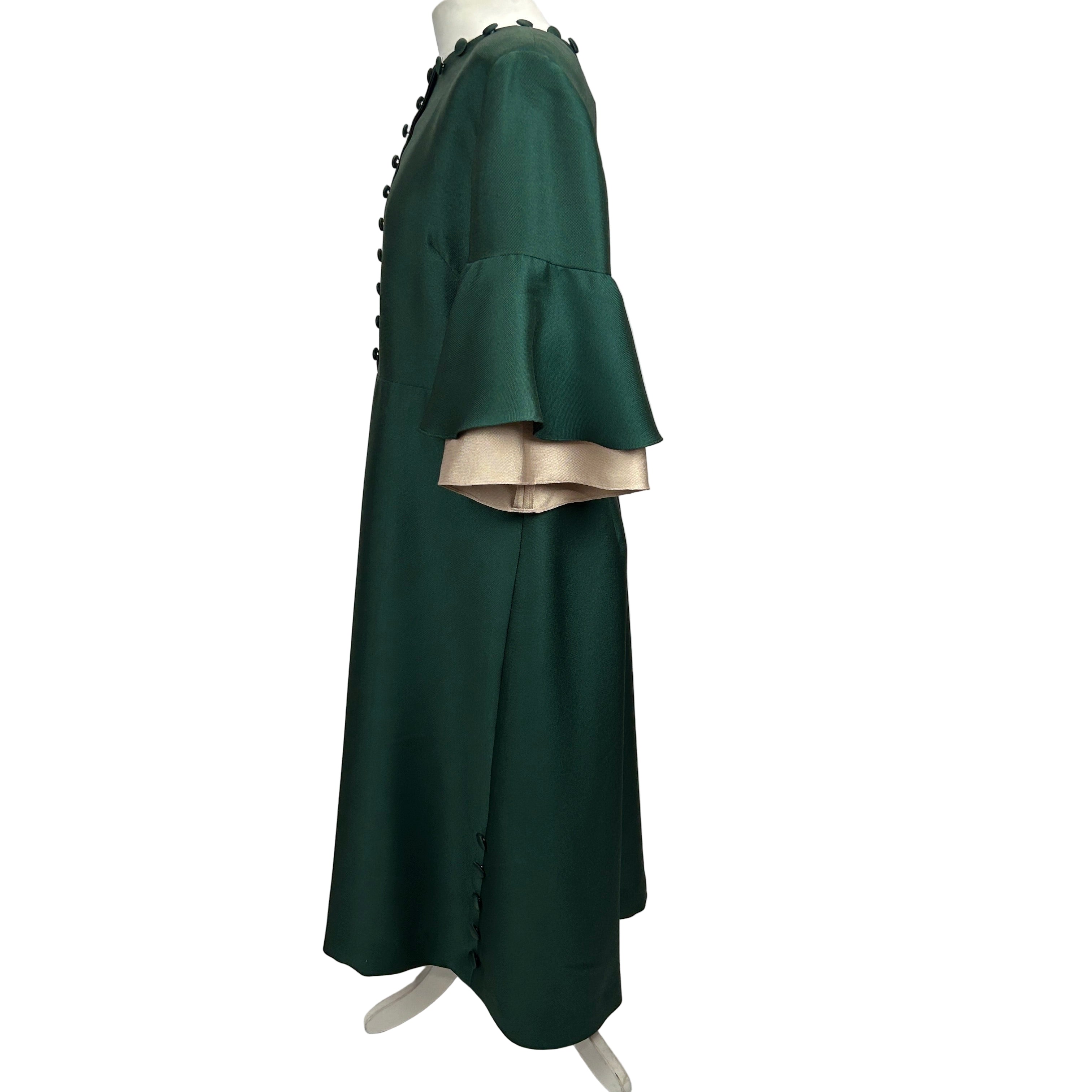 Reem Acra £2335 Emerald Ruffled Satin Pique Maxi Dress L/XL