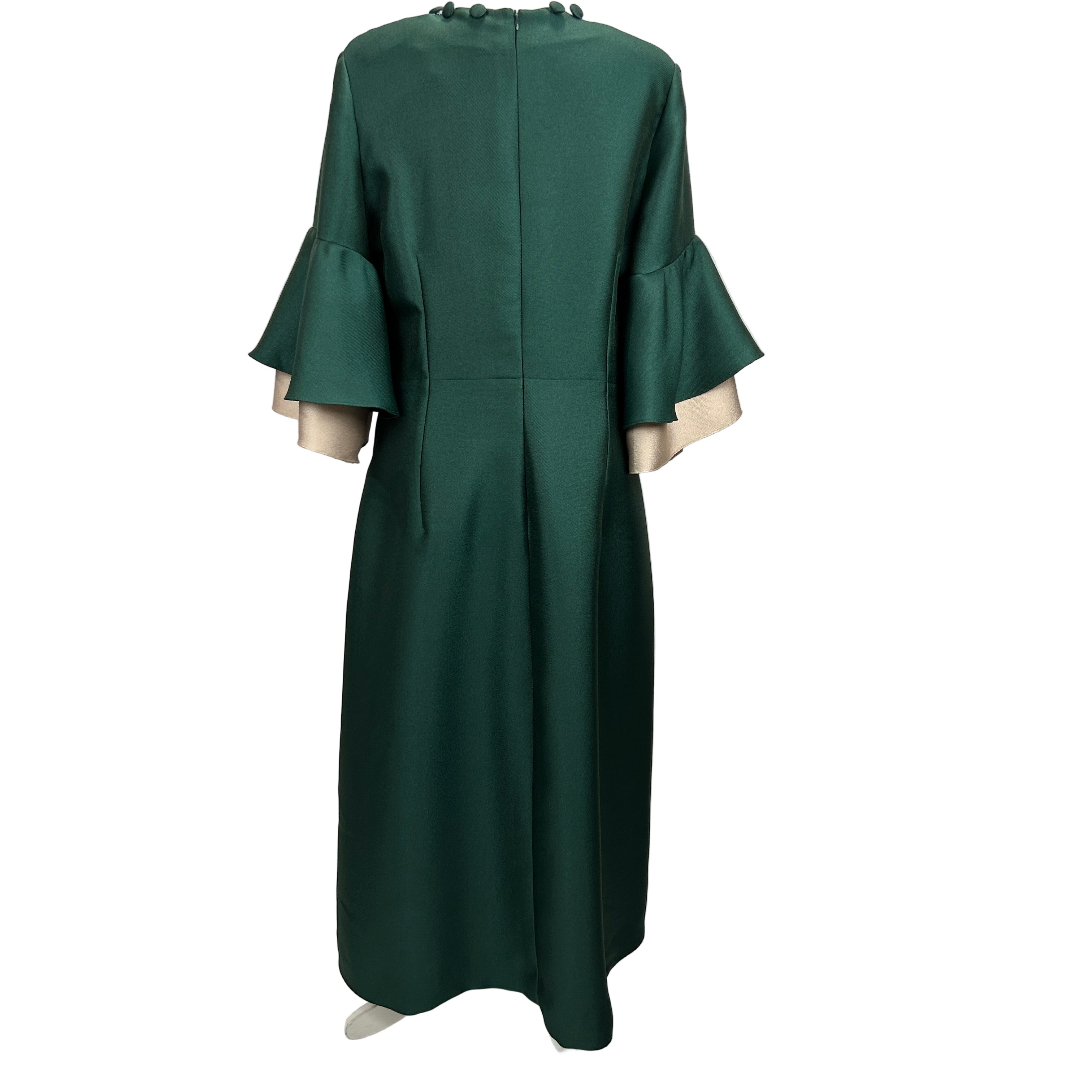 Reem Acra £2335 Emerald Ruffled Satin Pique Maxi Dress L/XL