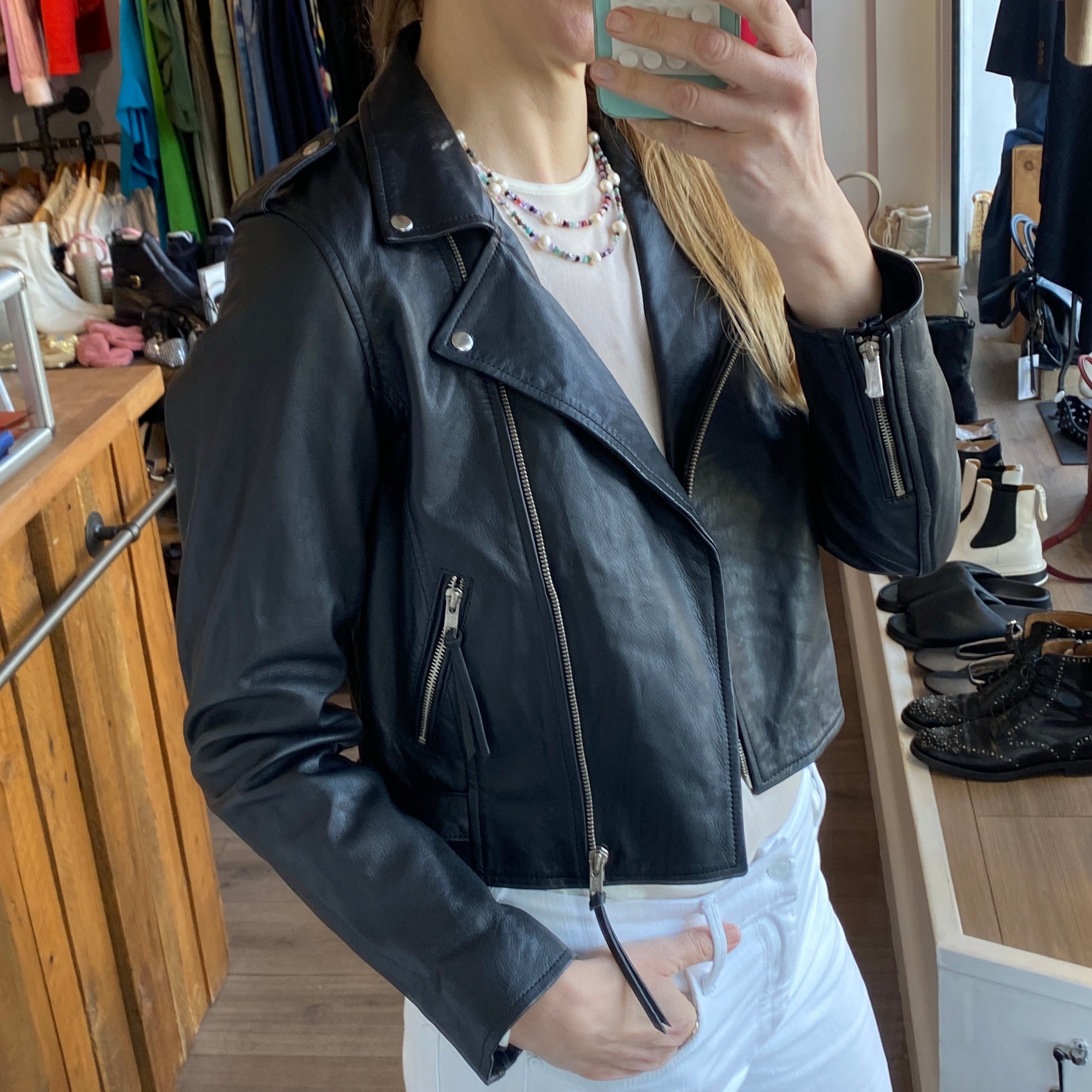 Sezane New £370 Black Lambs Leather Zig Biker Jacket M