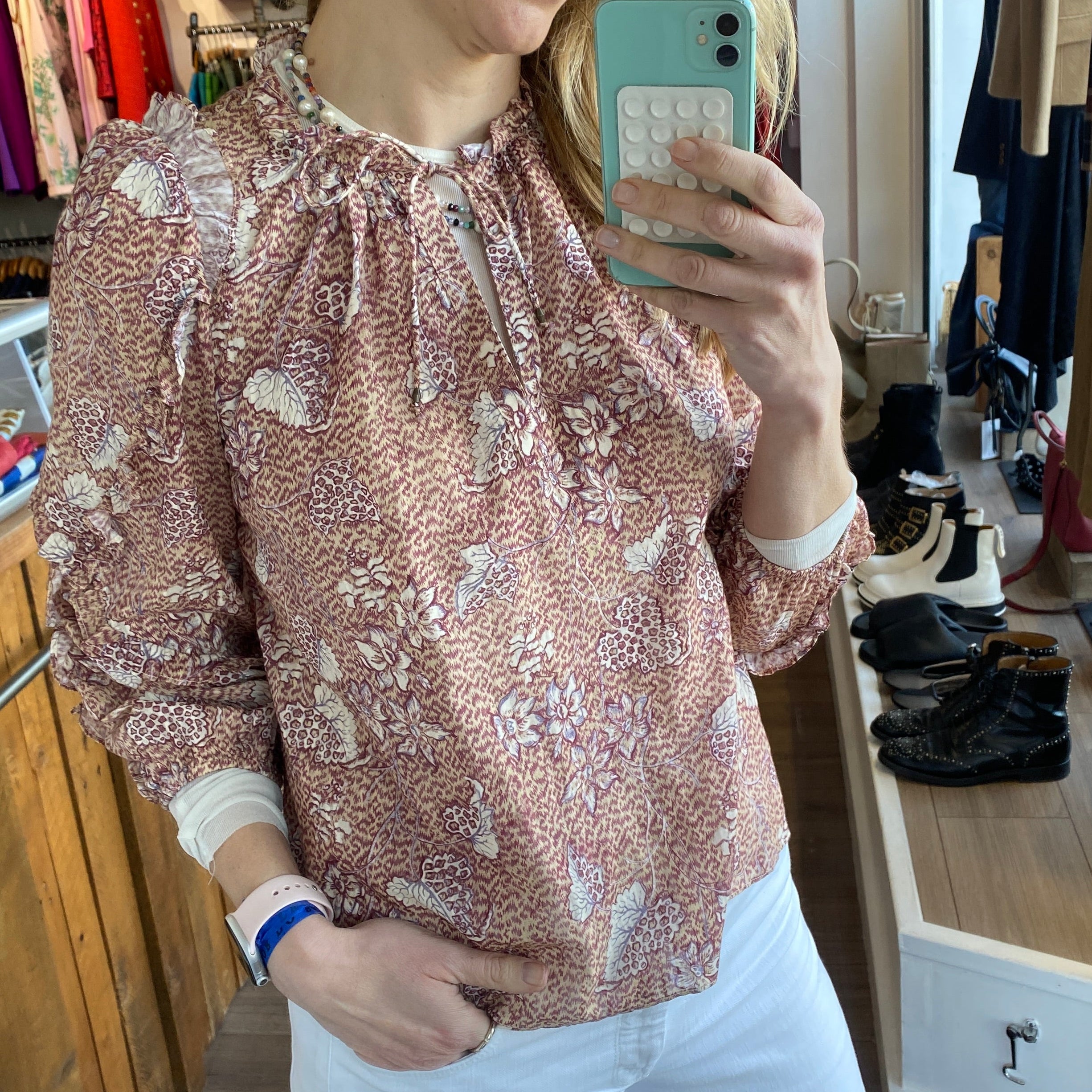 Ulla Johnson Deep Cream & Claret Floral Tunic Blouse M
