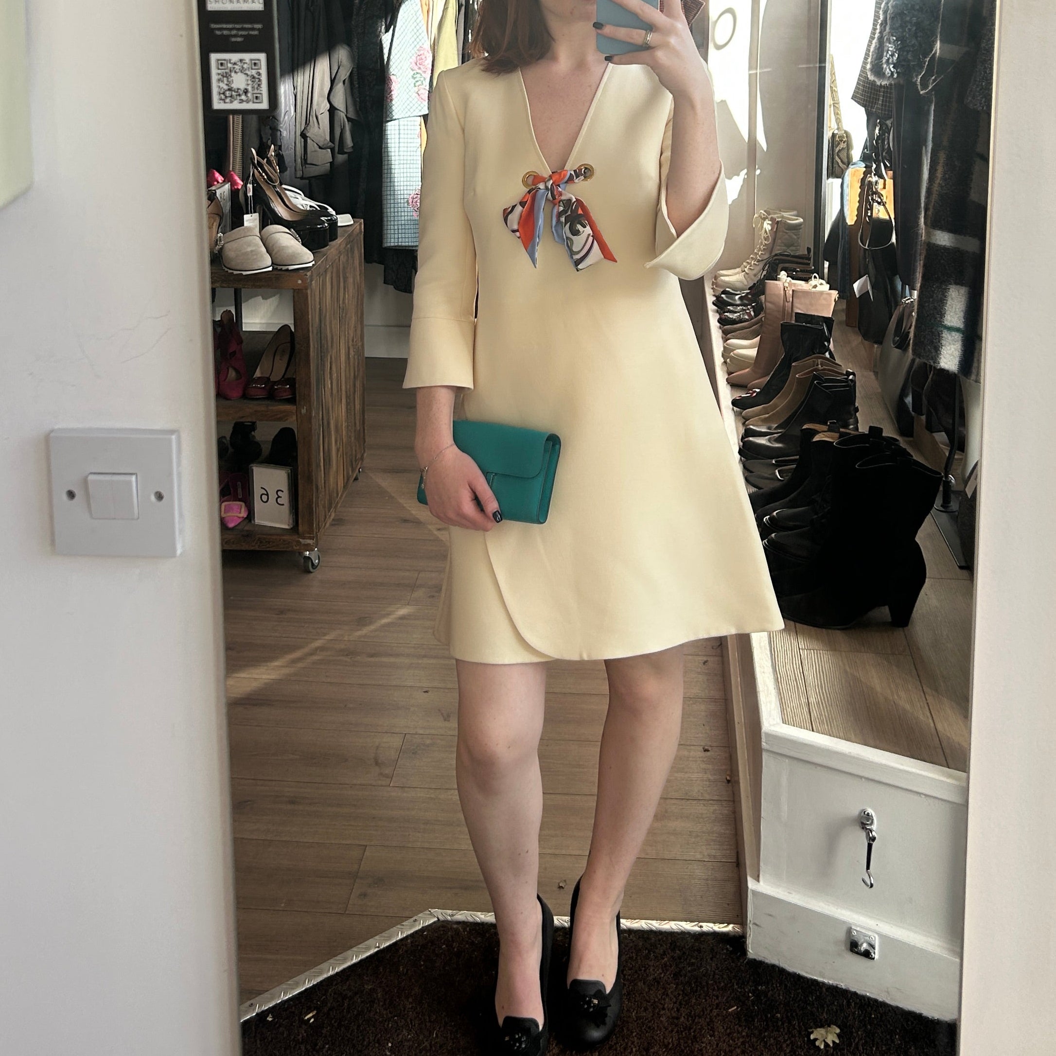 Christian Dior Cream Wool & Silk Mini Dress with Twilly Bow Tie XS