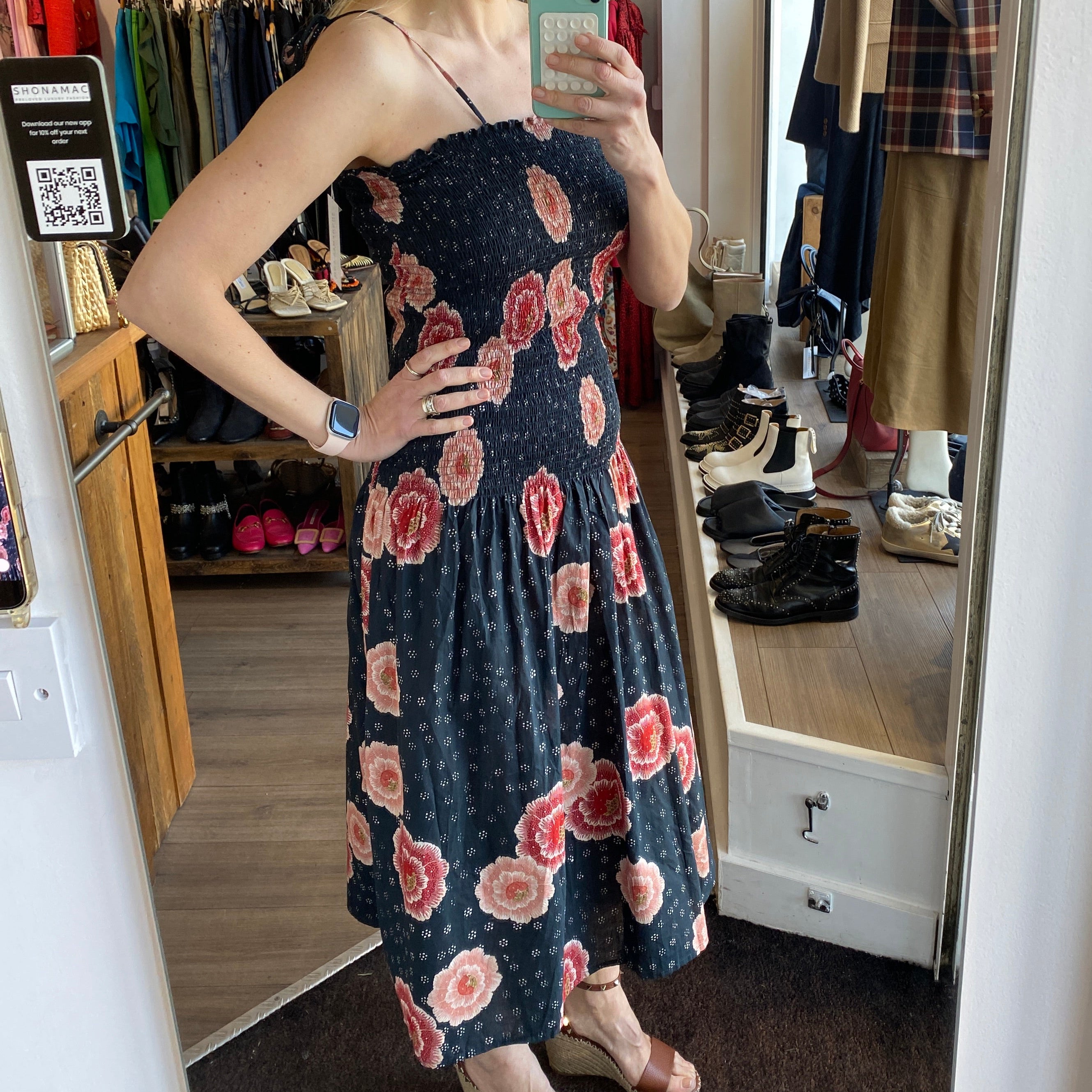 Natalie Martin New Black & Pink Floral Print Shirred Maxi Dress S