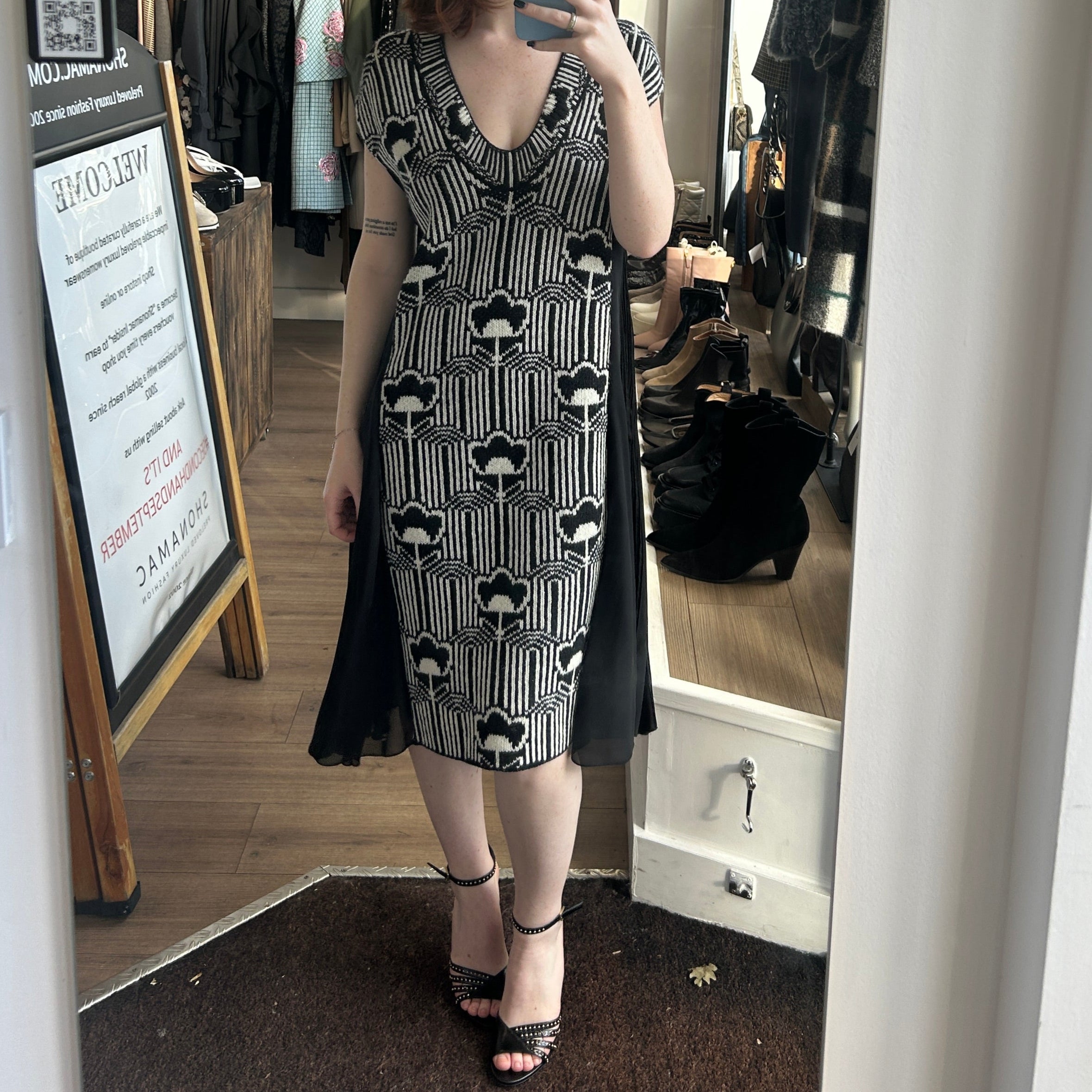 Prada £2000 Black & White Knit Jacquard Midi Dress XS