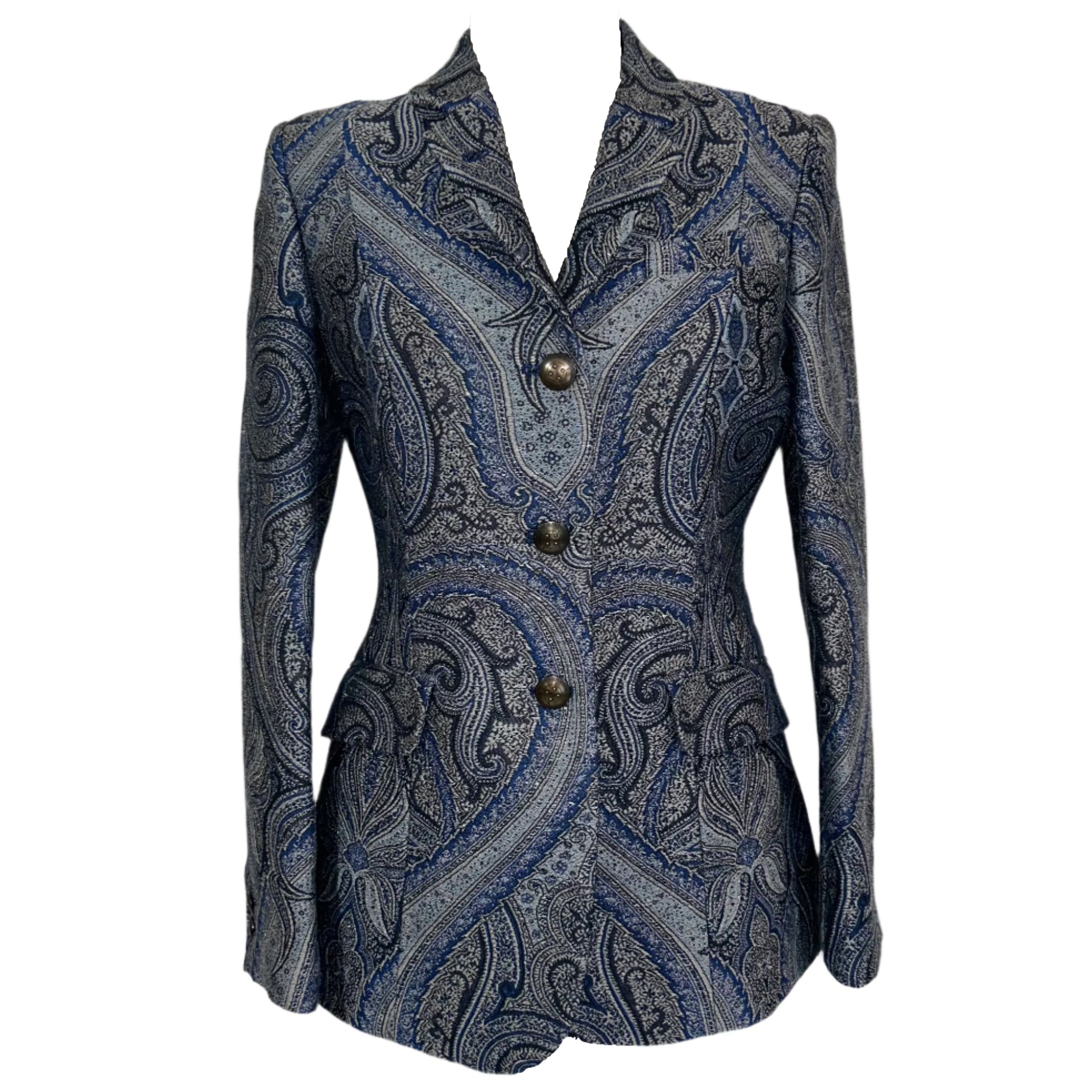 Etro £1400 Blue & Grey Paisley Brocade Blazer S