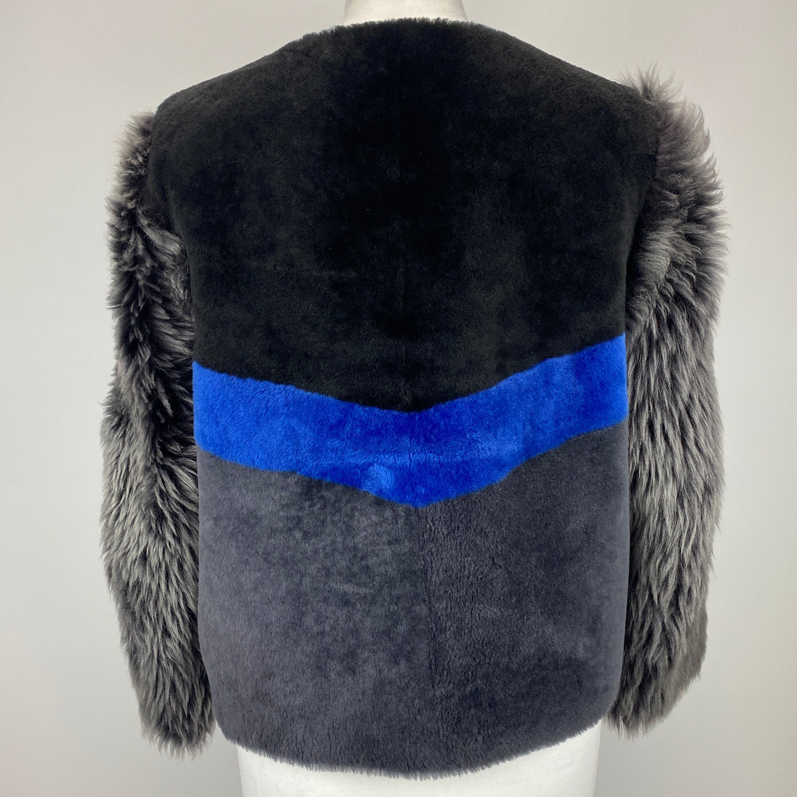 Uterque Black Grey & Blue Colourblock Shearling Jacket S