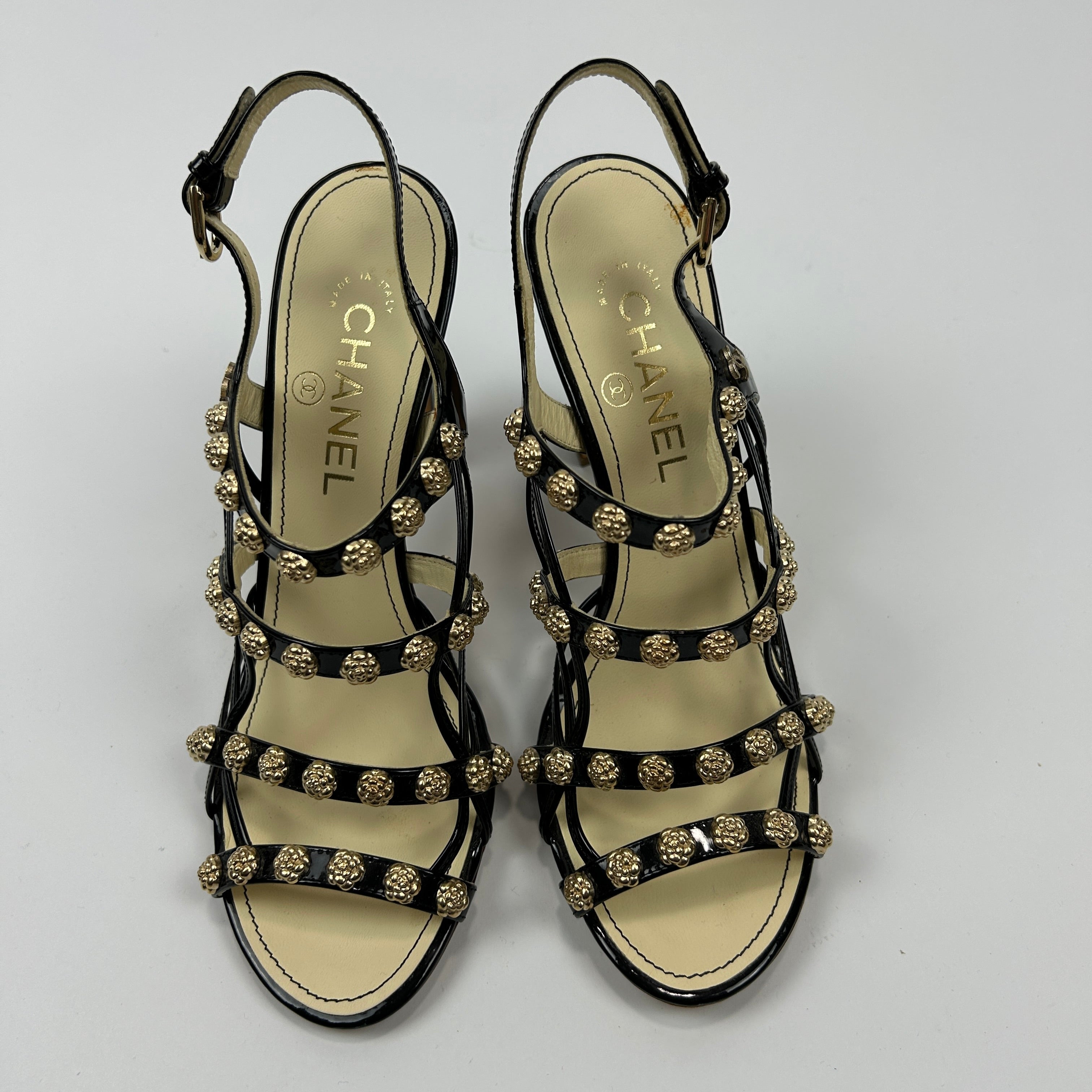 Chanel New £1125 Black Patent Camellia Stud Sandals 38.5