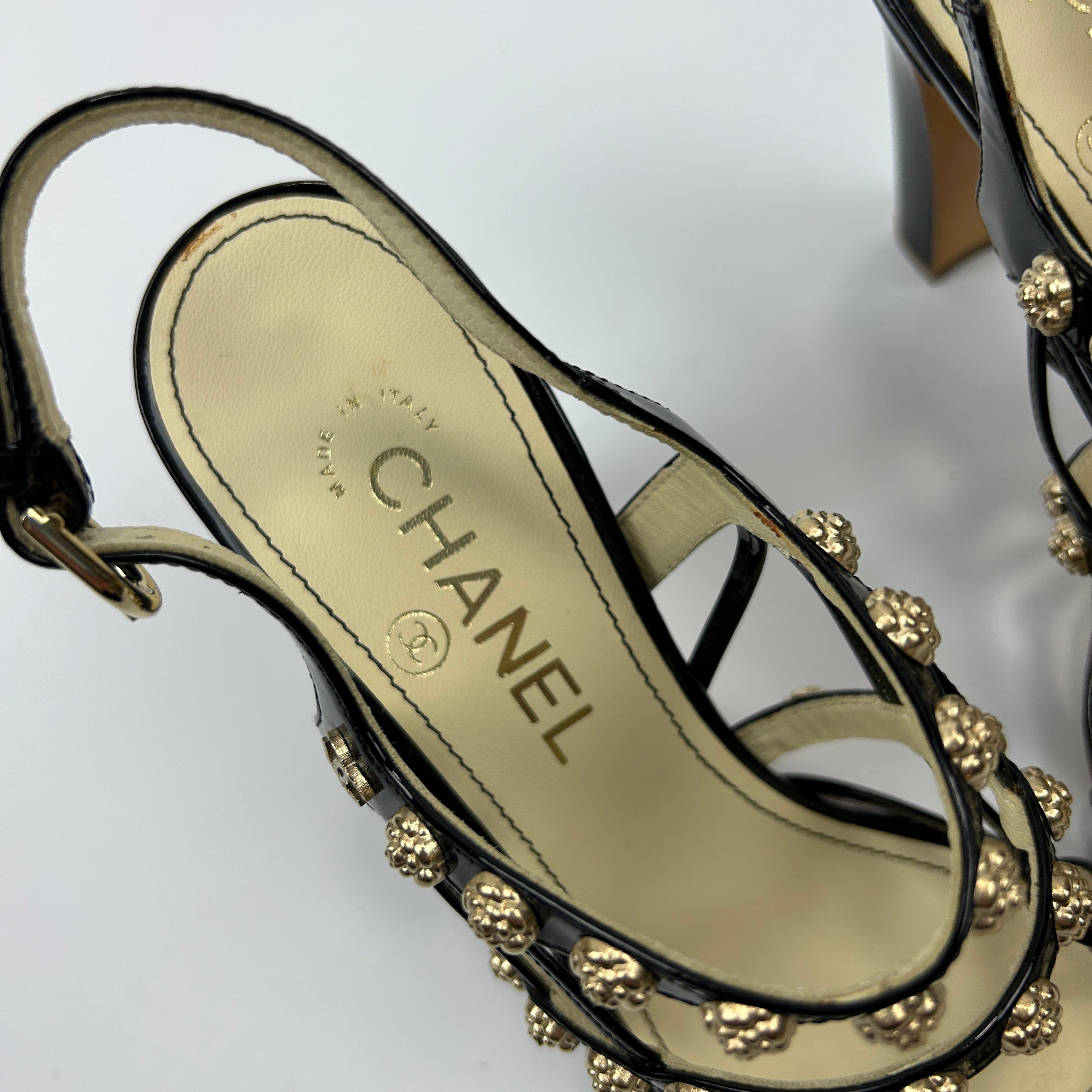 Chanel New £1125 Black Patent Camellia Stud Sandals 38.5