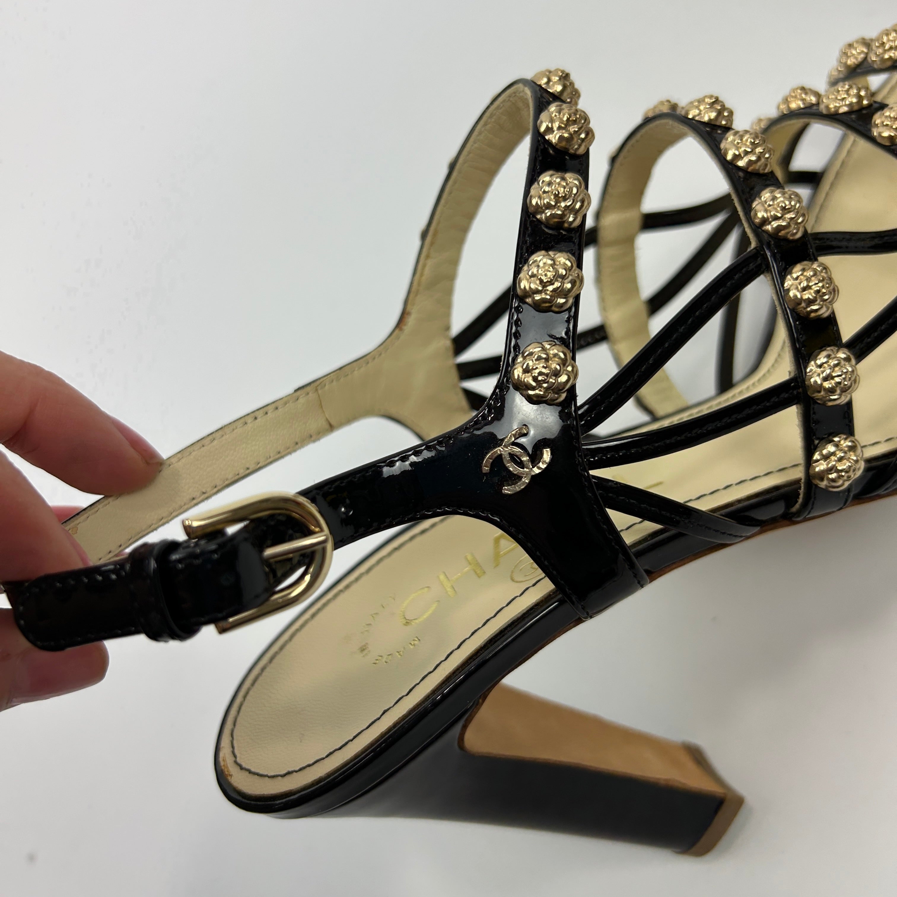 Chanel New £1125 Black Patent Camellia Stud Sandals 38.5
