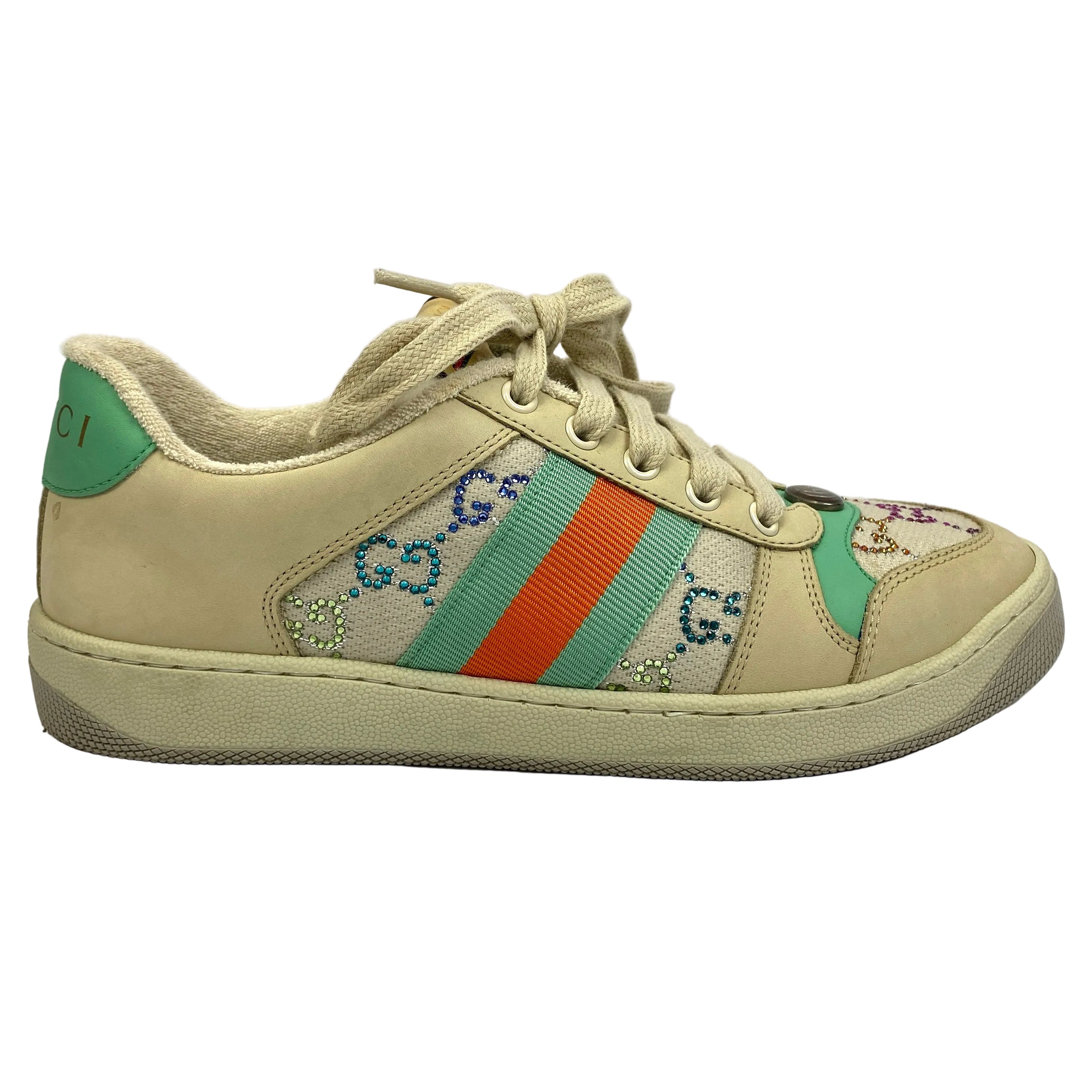 Gucci £880 Cream & Mint GG Screener Trainers 38