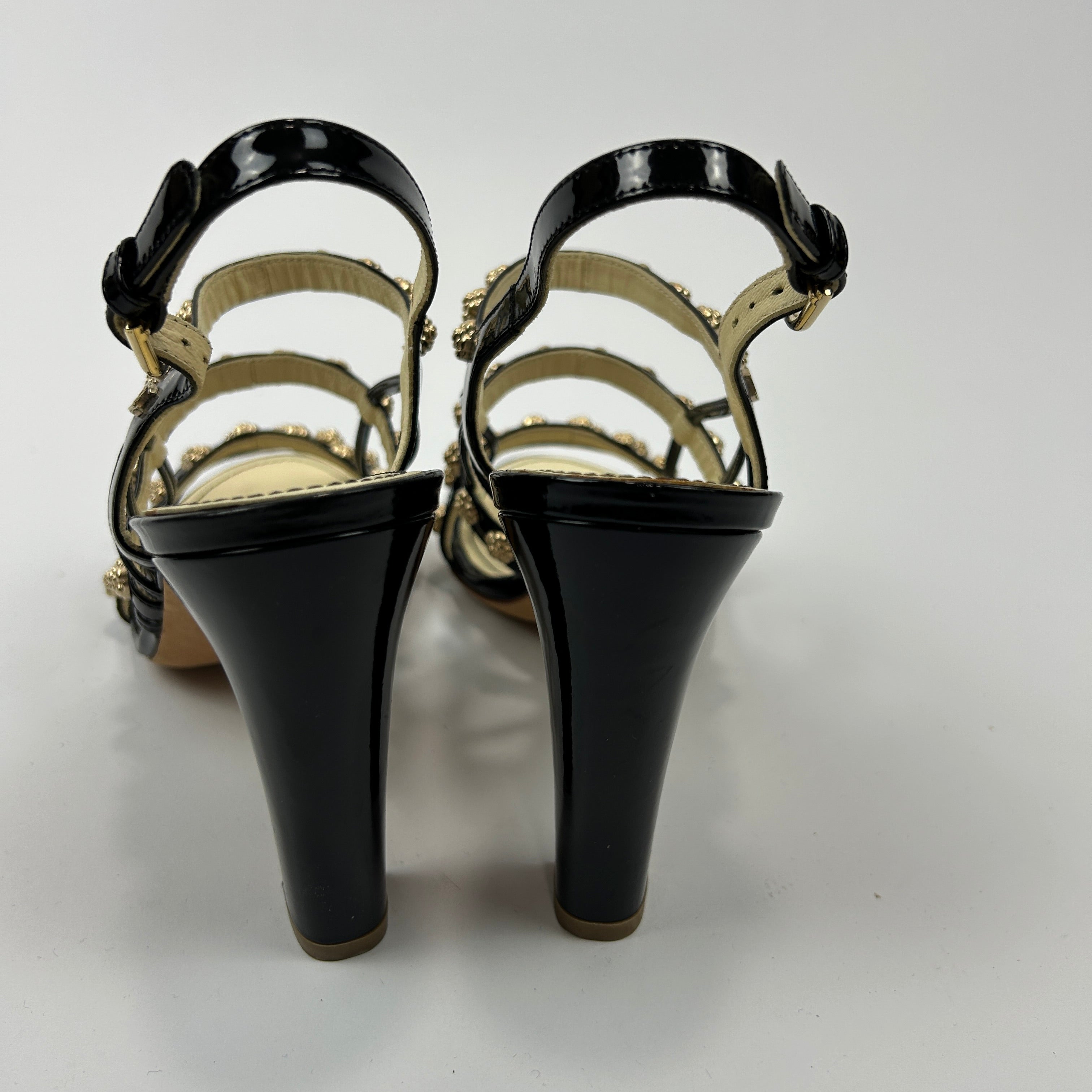 Chanel New £1125 Black Patent Camellia Stud Sandals 38.5