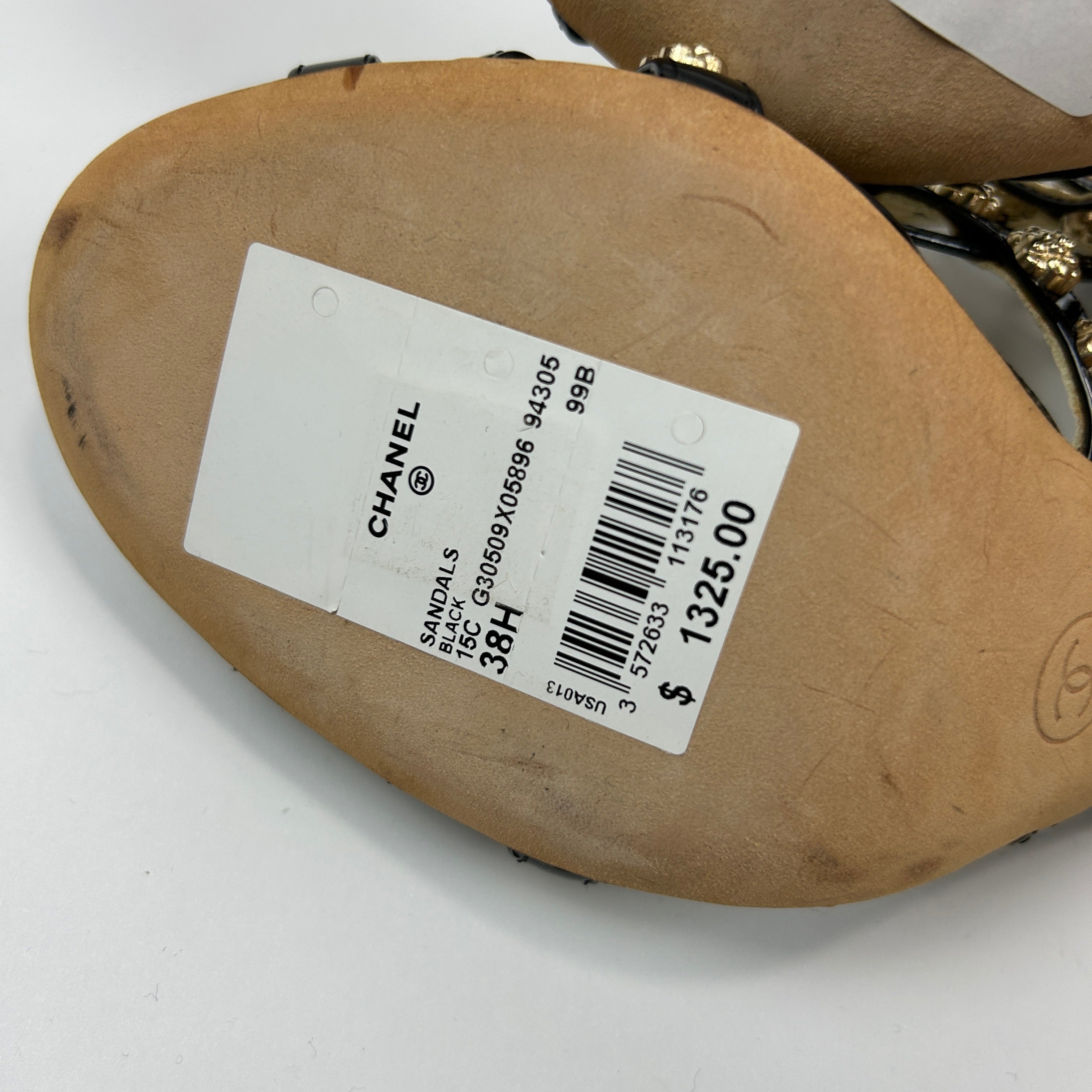 Chanel New £1125 Black Patent Camellia Stud Sandals 38.5