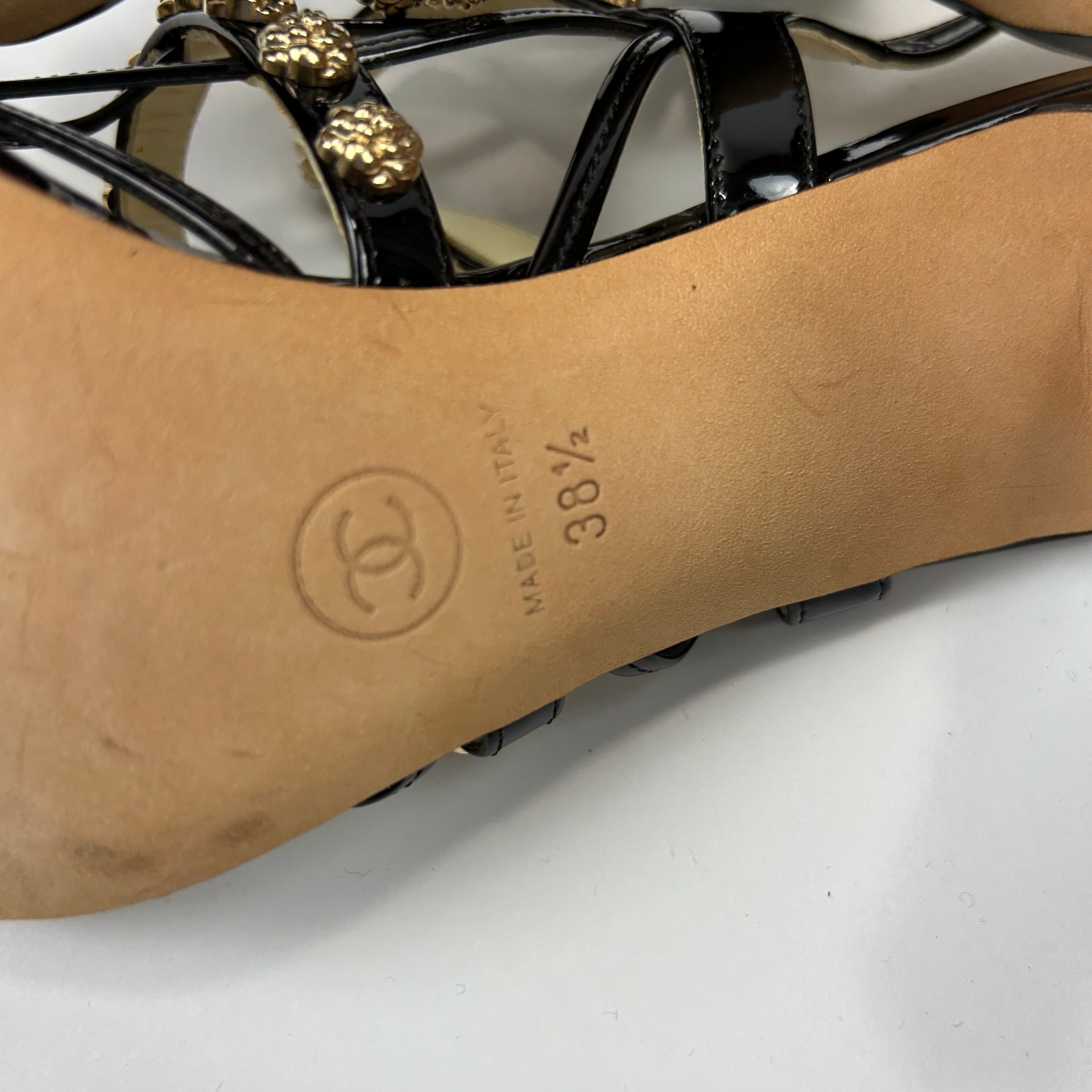 Chanel New £1125 Black Patent Camellia Stud Sandals 38.5