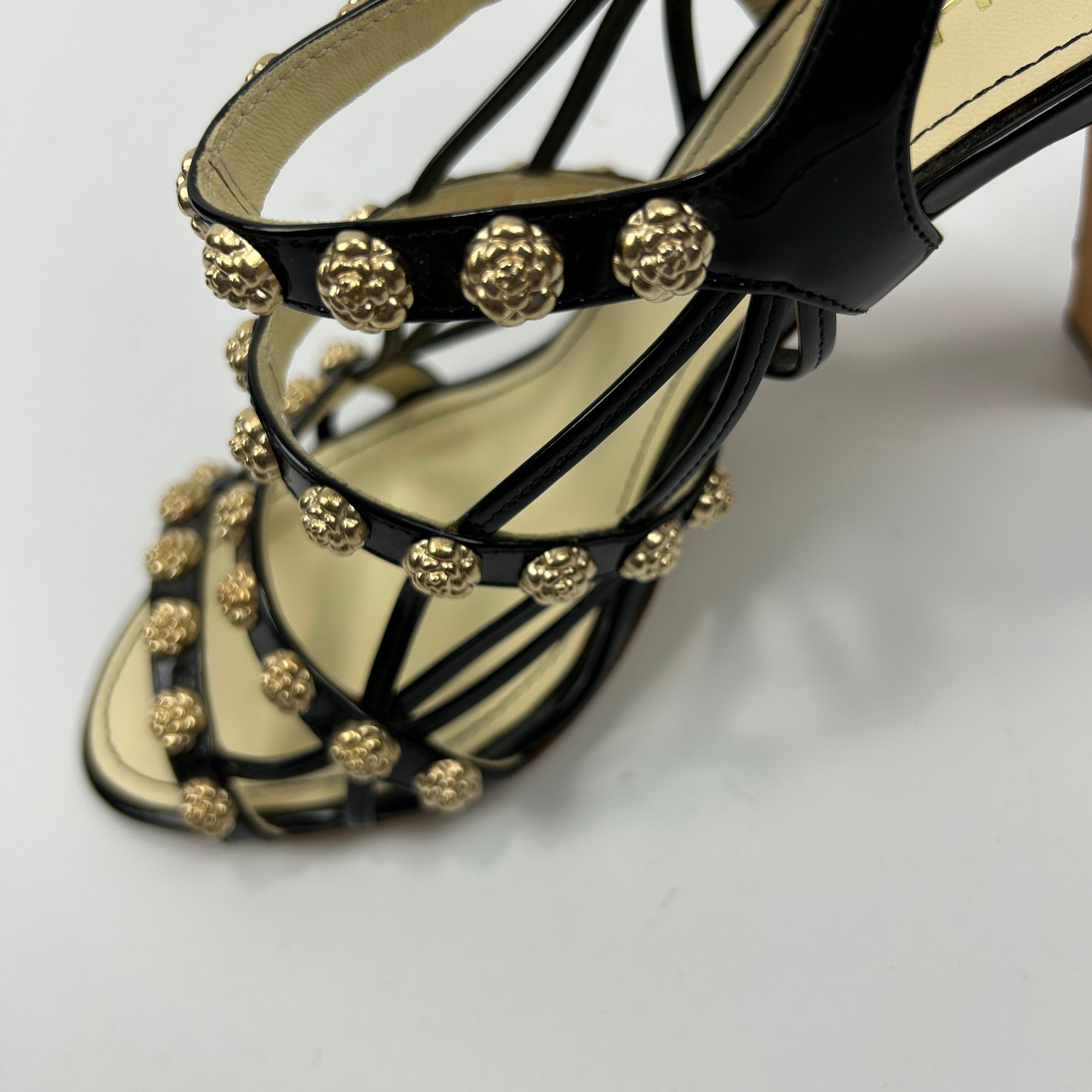 Chanel New £1125 Black Patent Camellia Stud Sandals 38.5