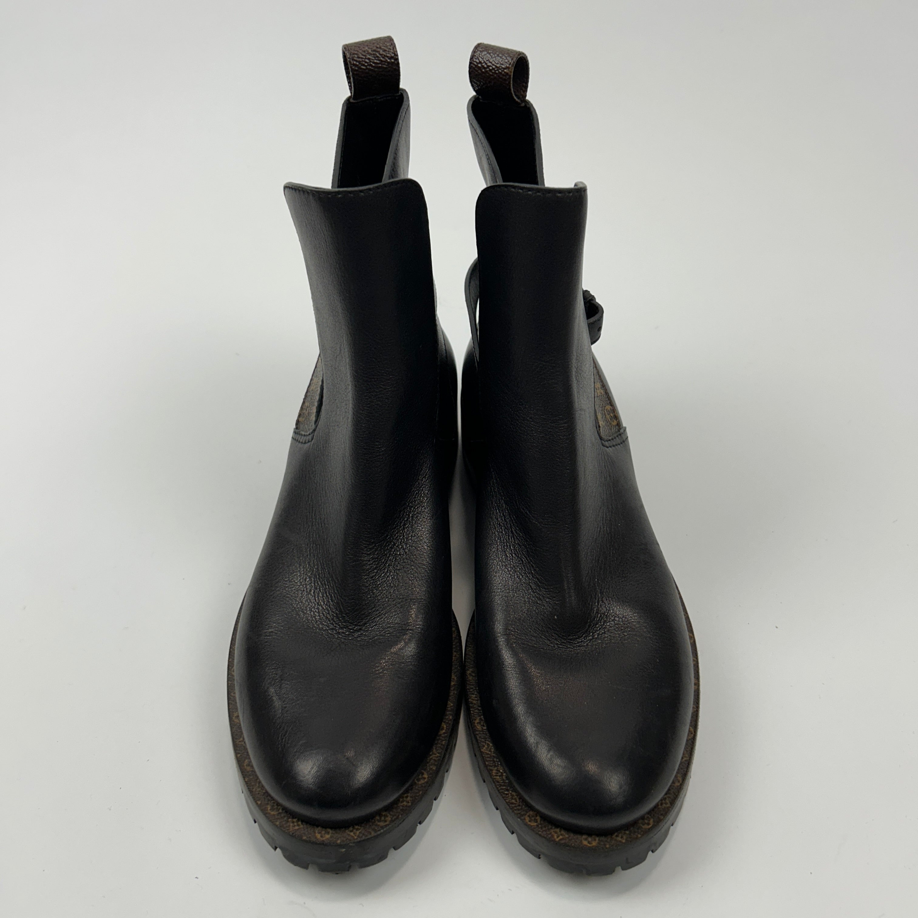 Louis Vuitton Black Leather Monogram Strap Ankle Boots 38.5