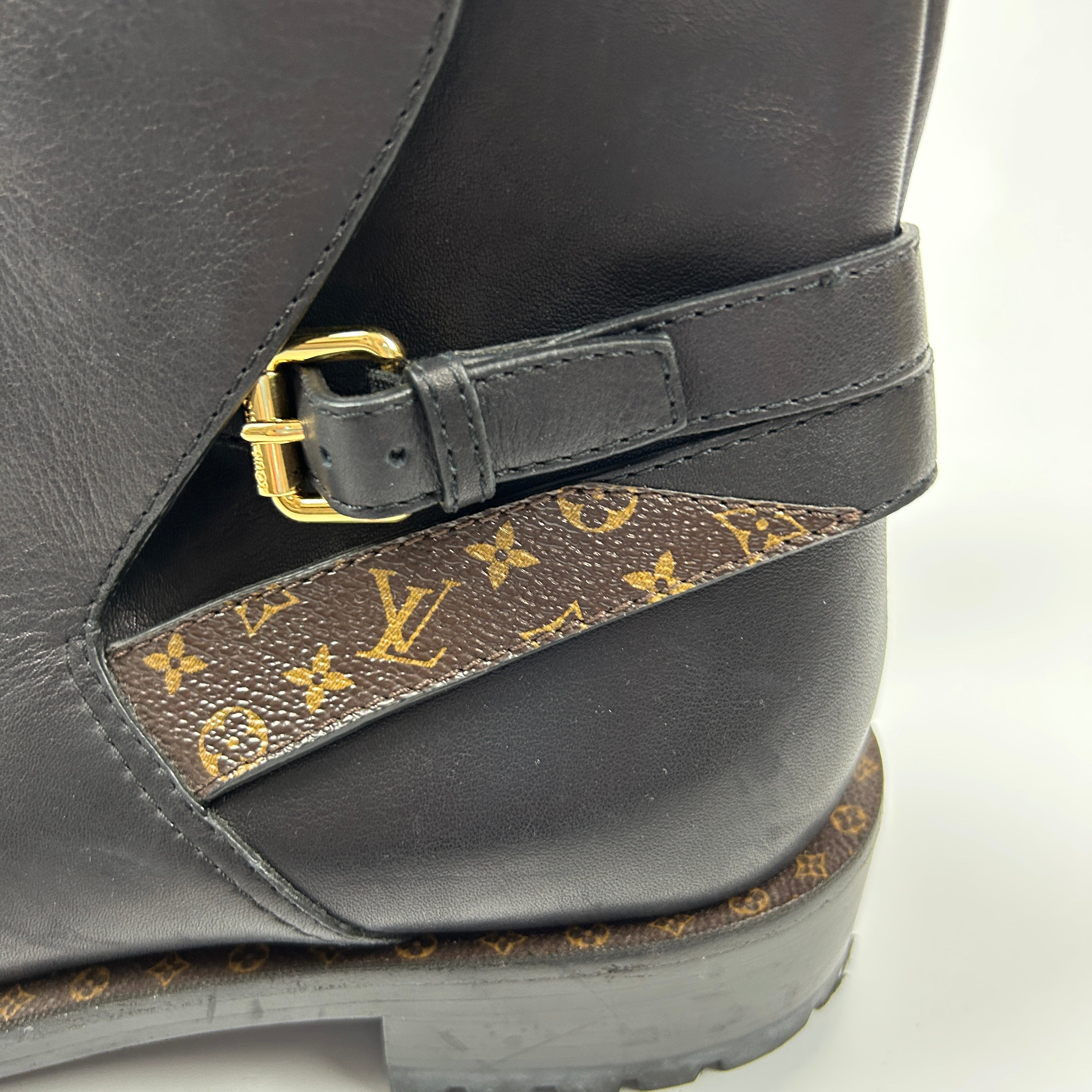 Louis Vuitton Black Leather Monogram Strap Ankle Boots 38.5