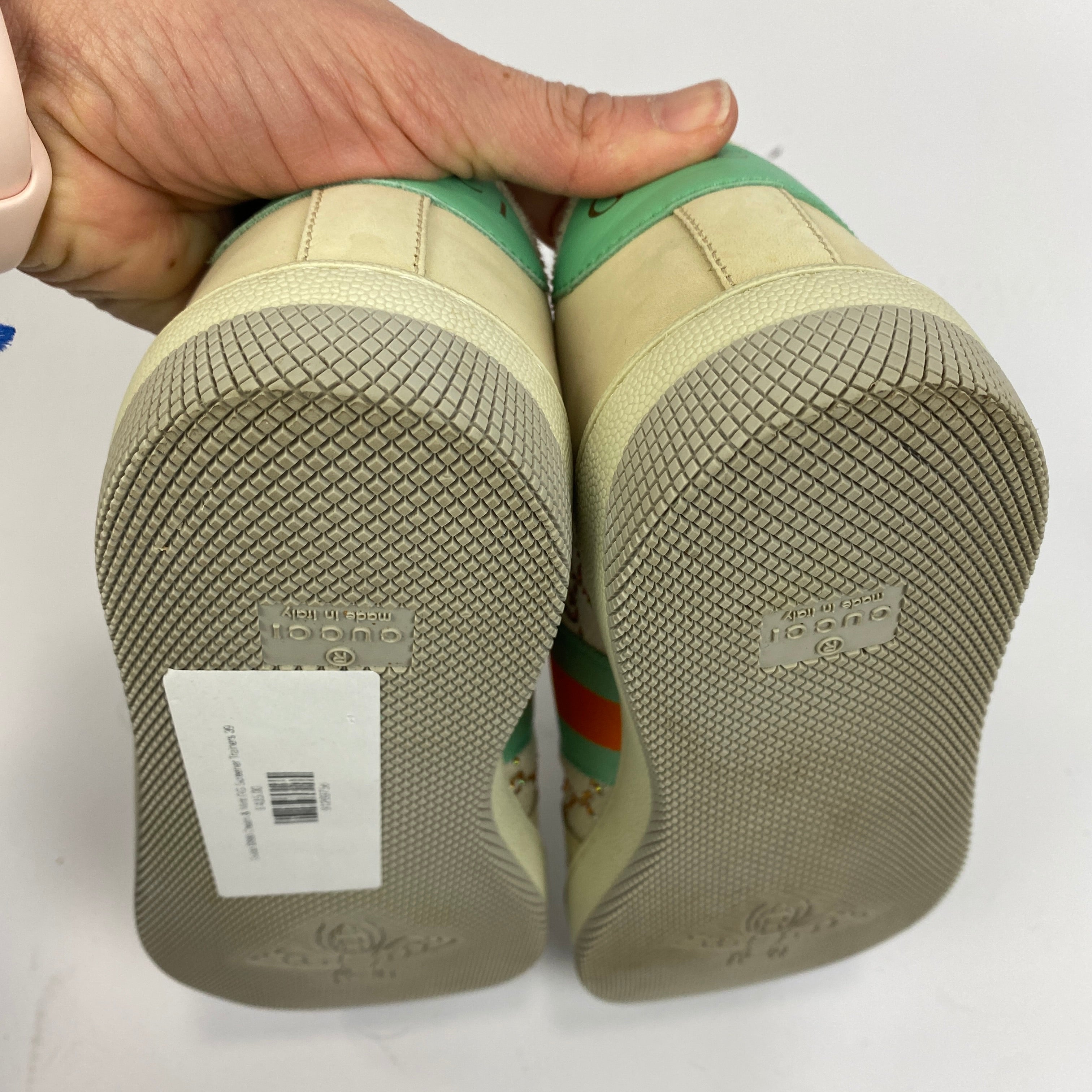 Gucci £880 Cream & Mint GG Screener Trainers 38