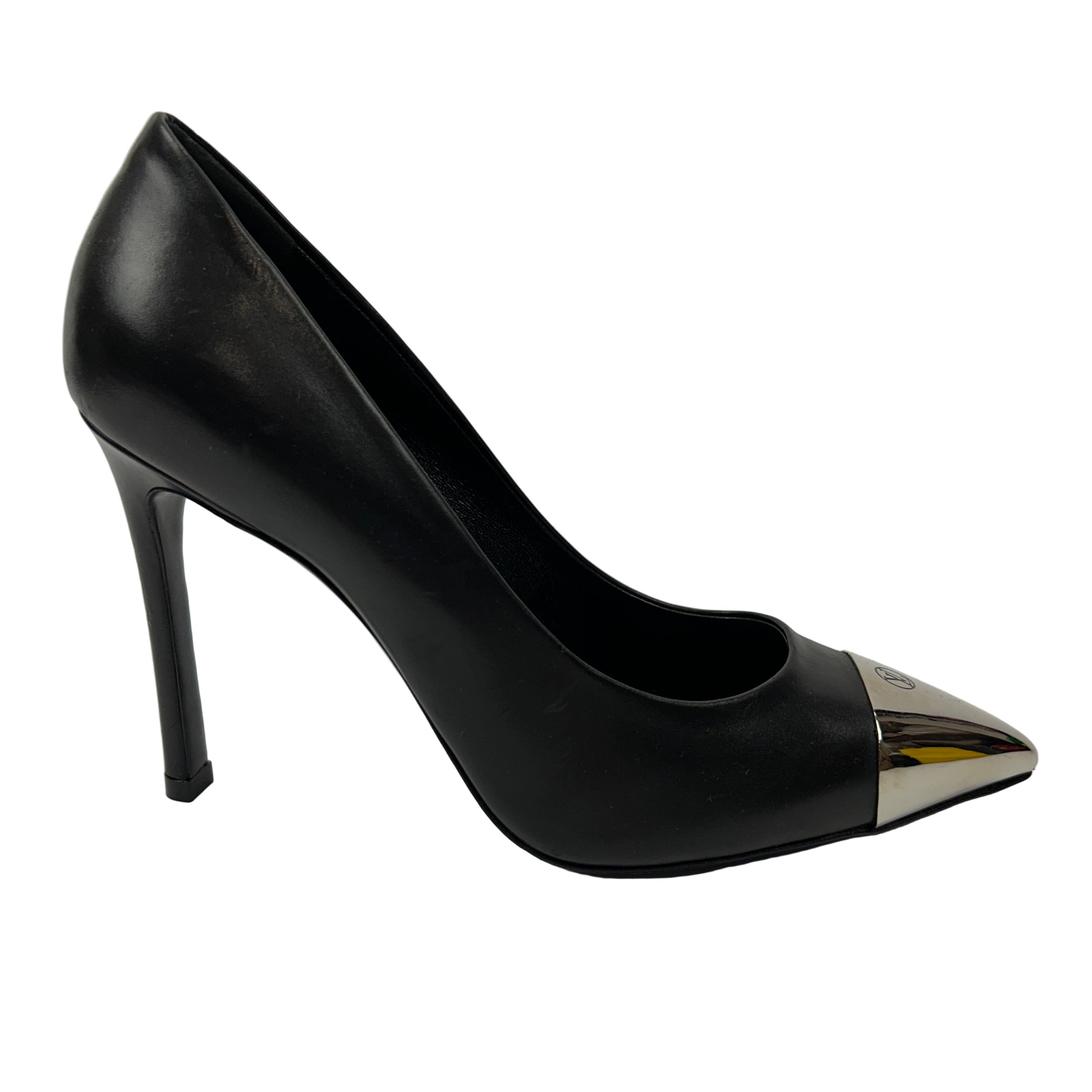 Louis Vuitton Black Leather Silver Toecap Cherie Heels 37.5