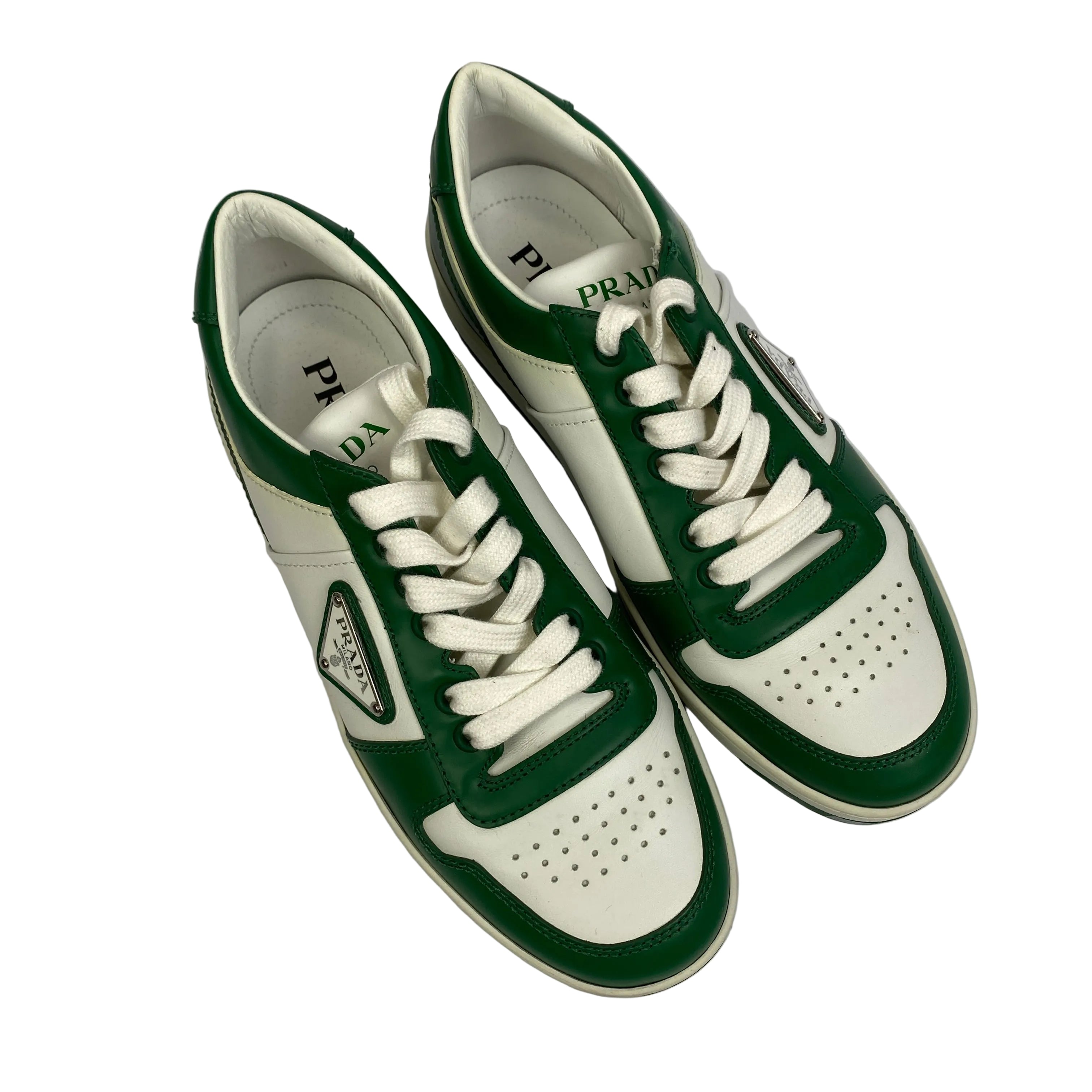 Prada £850 Green & White Leather Downtown Trainers 38