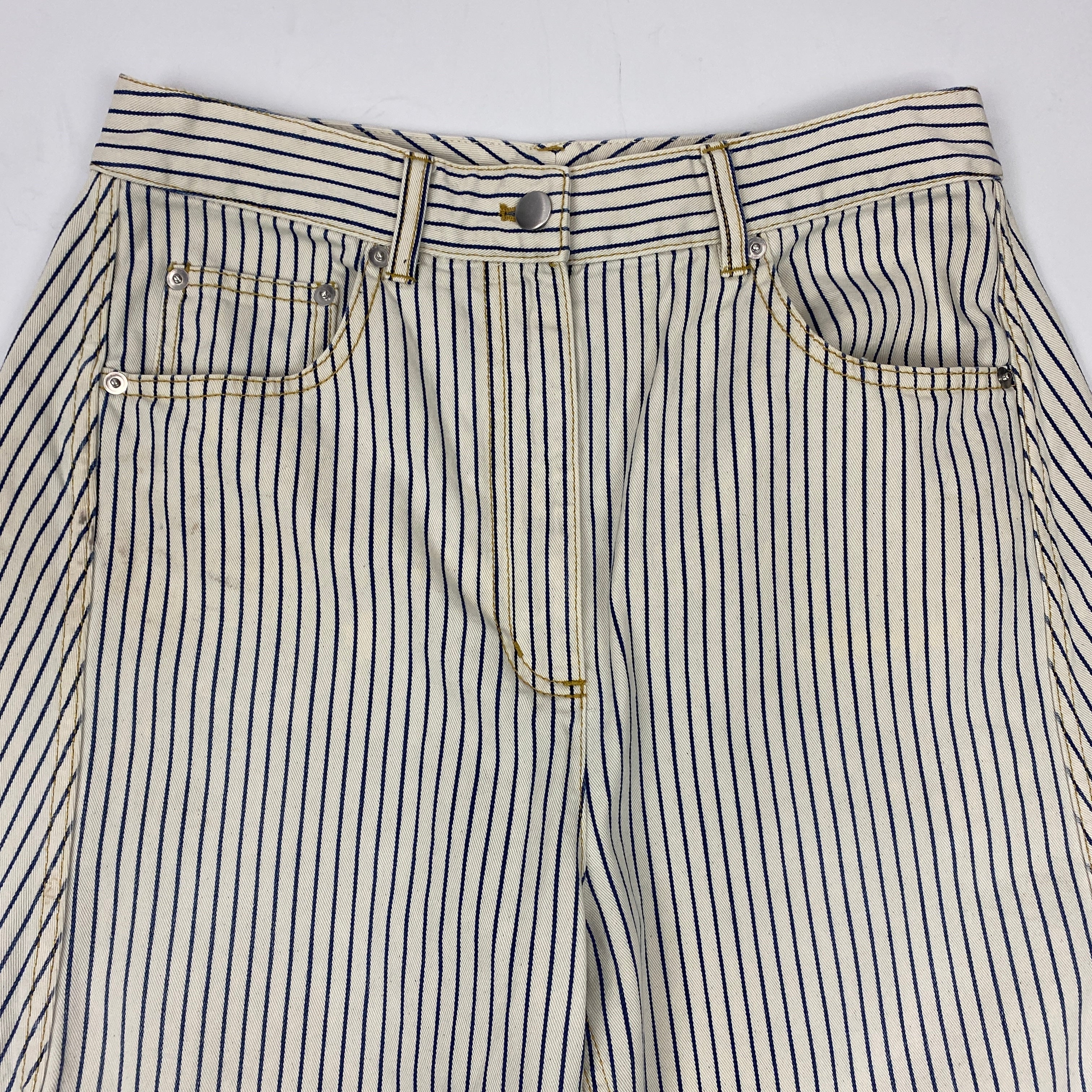 Tibi New £385 Natural & Indigo Pinstripe Curve Leg Sid Pants 27R