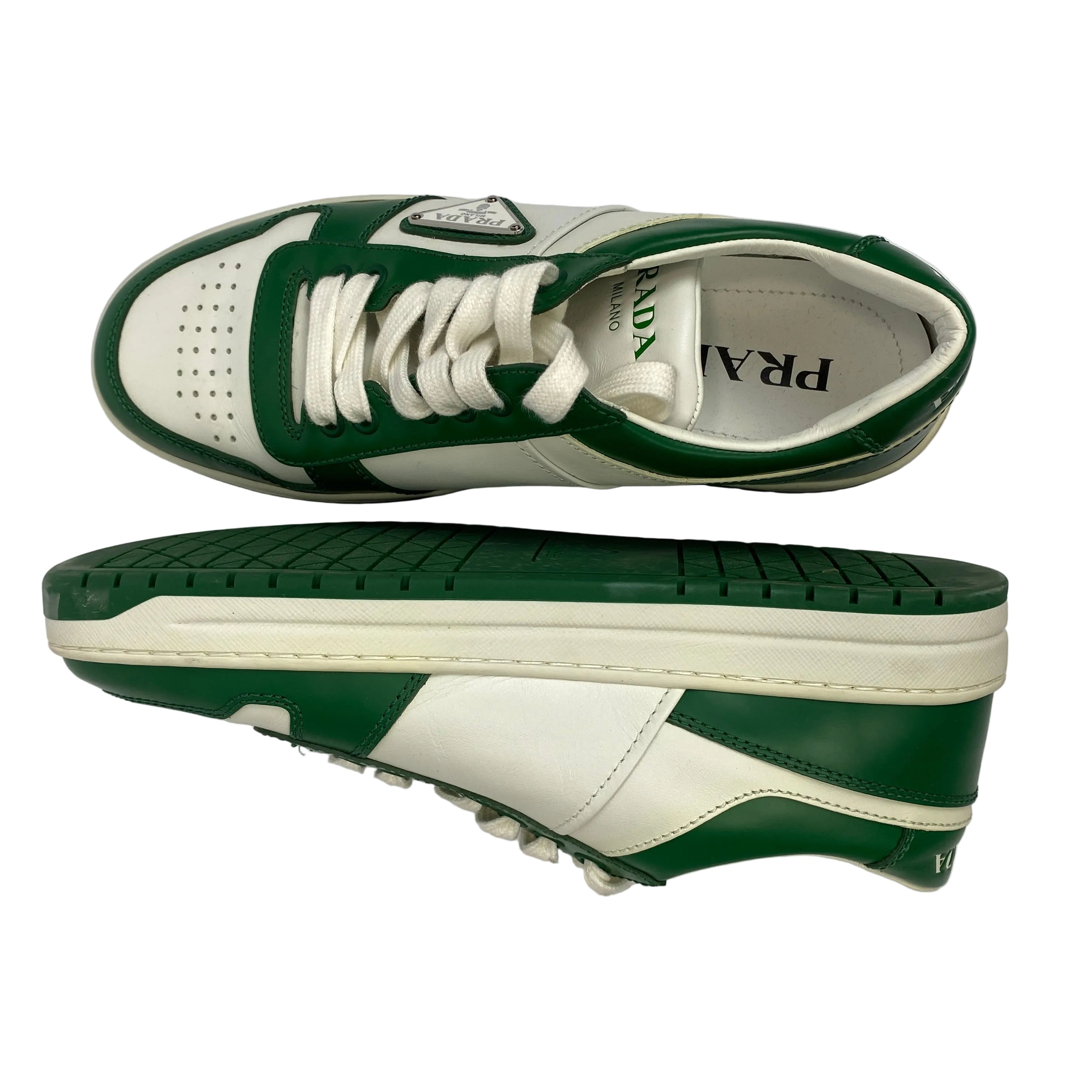 Prada £850 Green & White Leather Downtown Trainers 38
