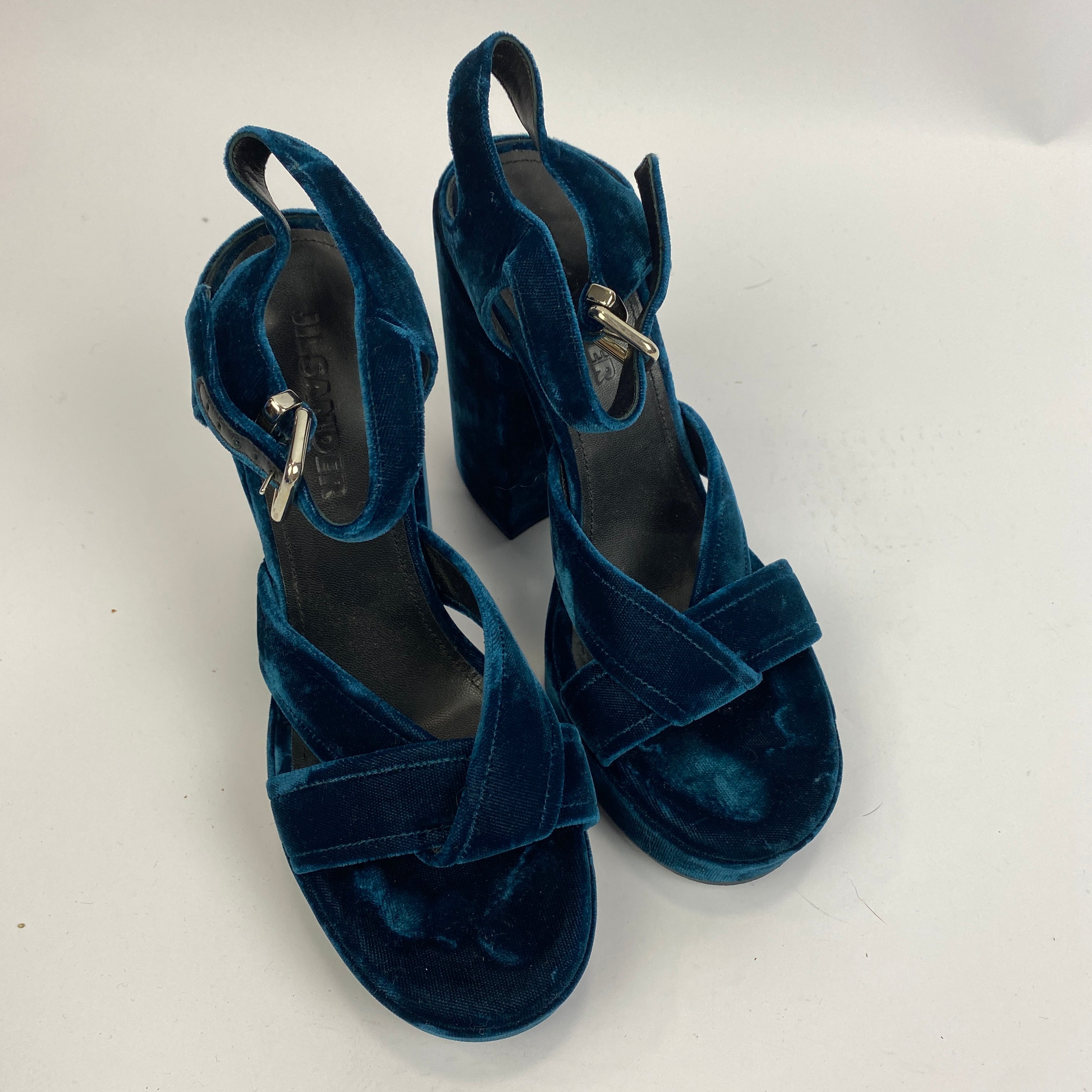 Jil Sander Teal Velvet Platform Sandals 37.5