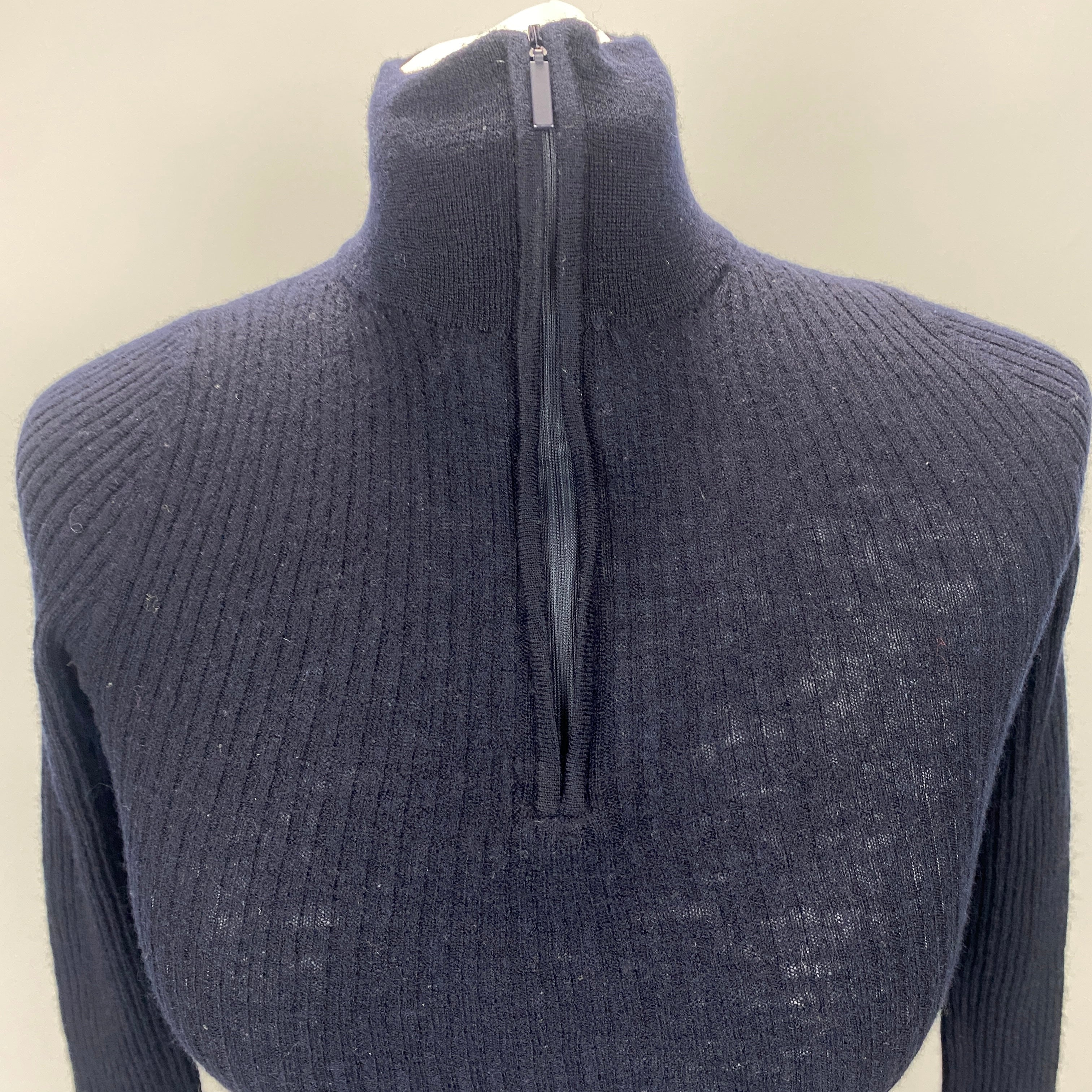 Tibi New £295 Navy Wool Featherweight Rib Zipper Sweater XS