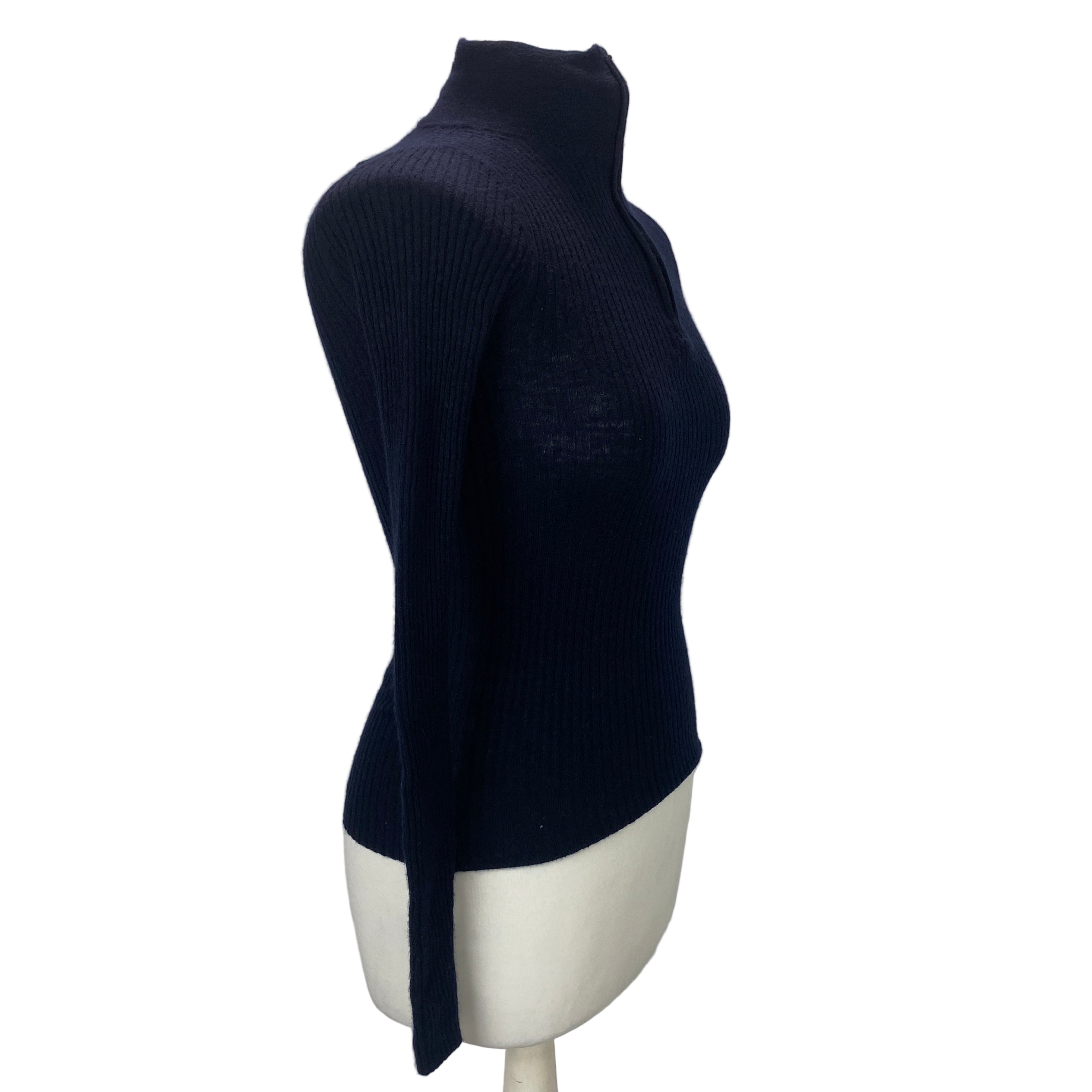 Tibi New £295 Navy Wool Featherweight Rib Zipper Sweater XS