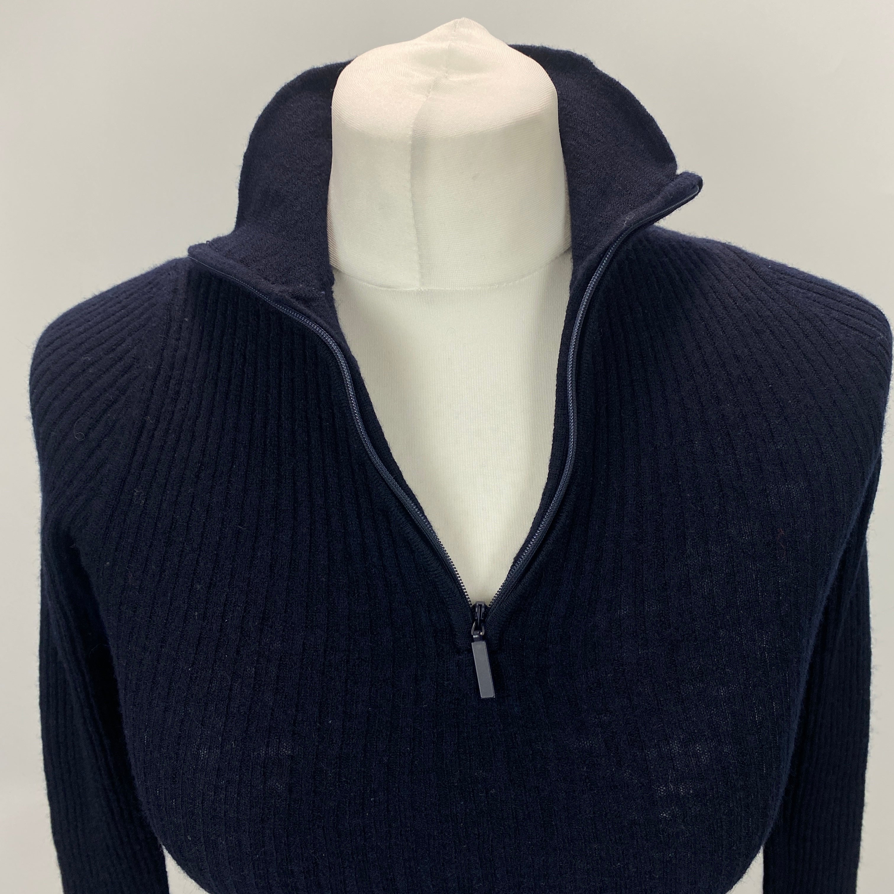 Tibi New £295 Navy Wool Featherweight Rib Zipper Sweater XS