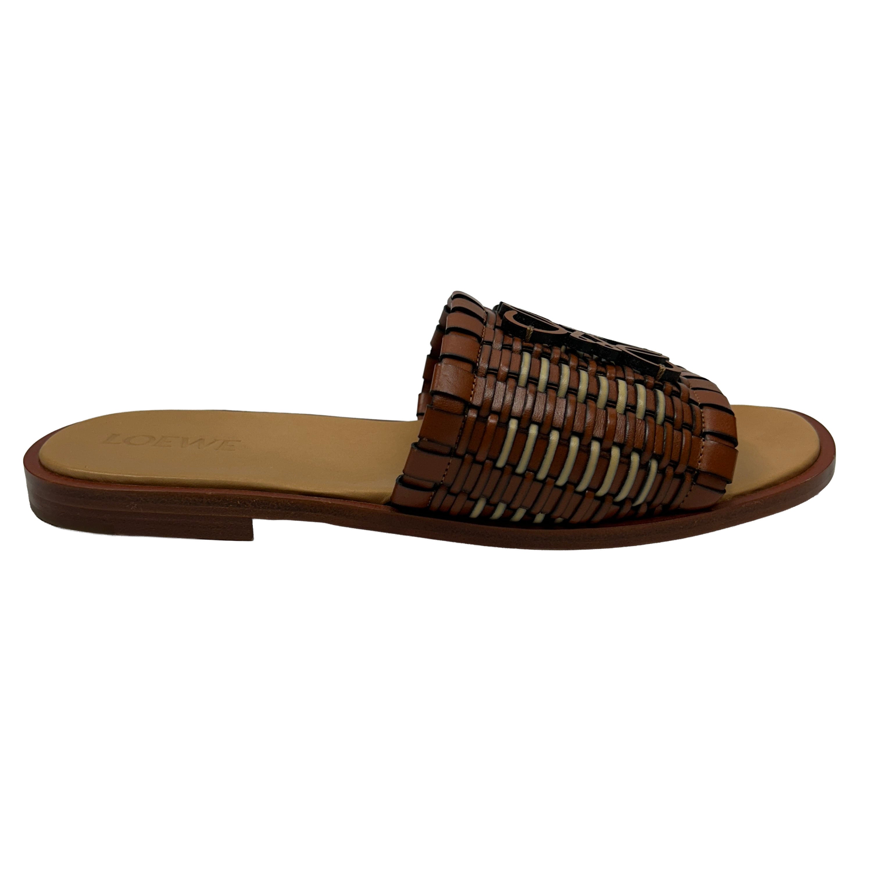 Loewe Tan Woven Anagram Leather Slides 41