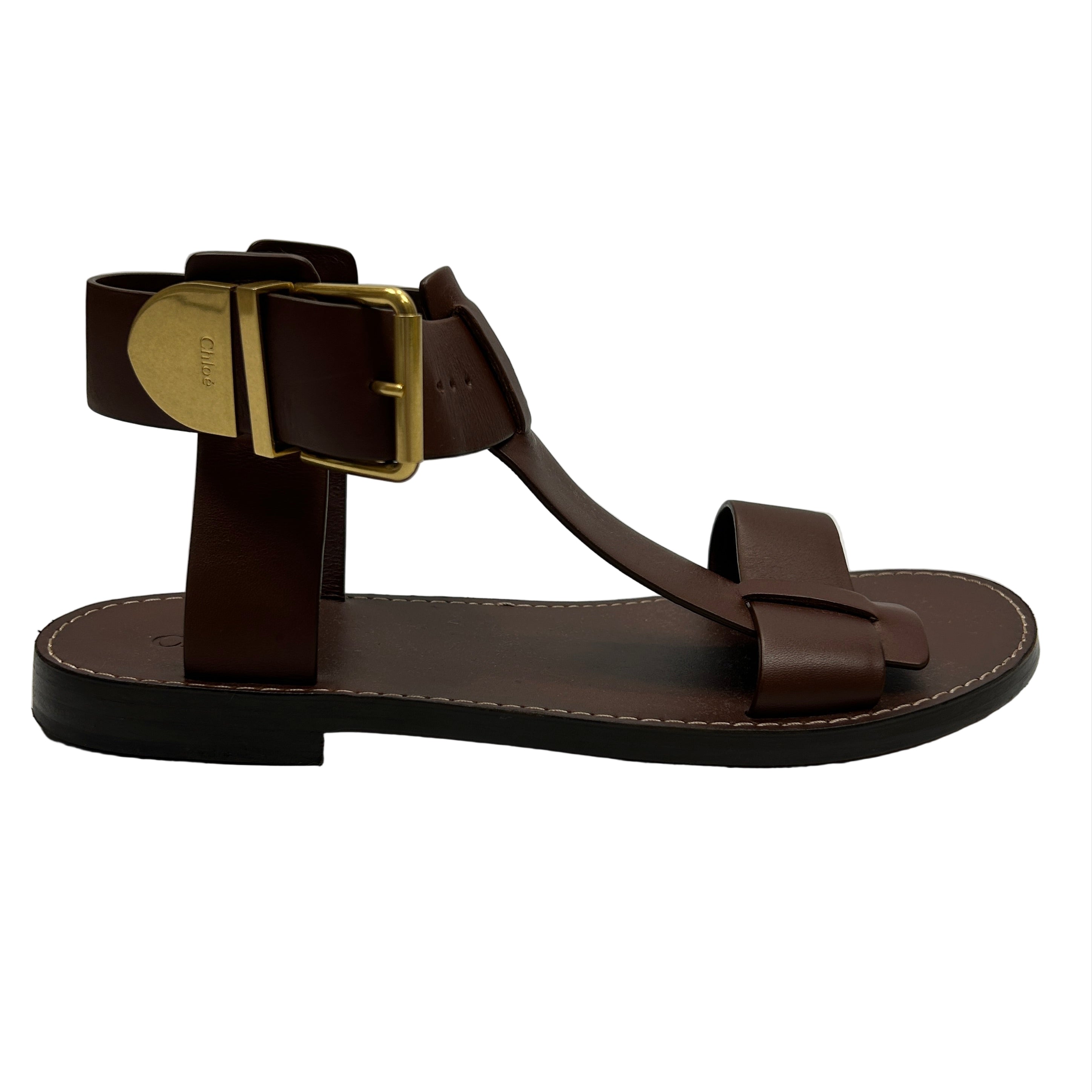 Chloe Chocolate Leather T-Bar Flat Sandals 41