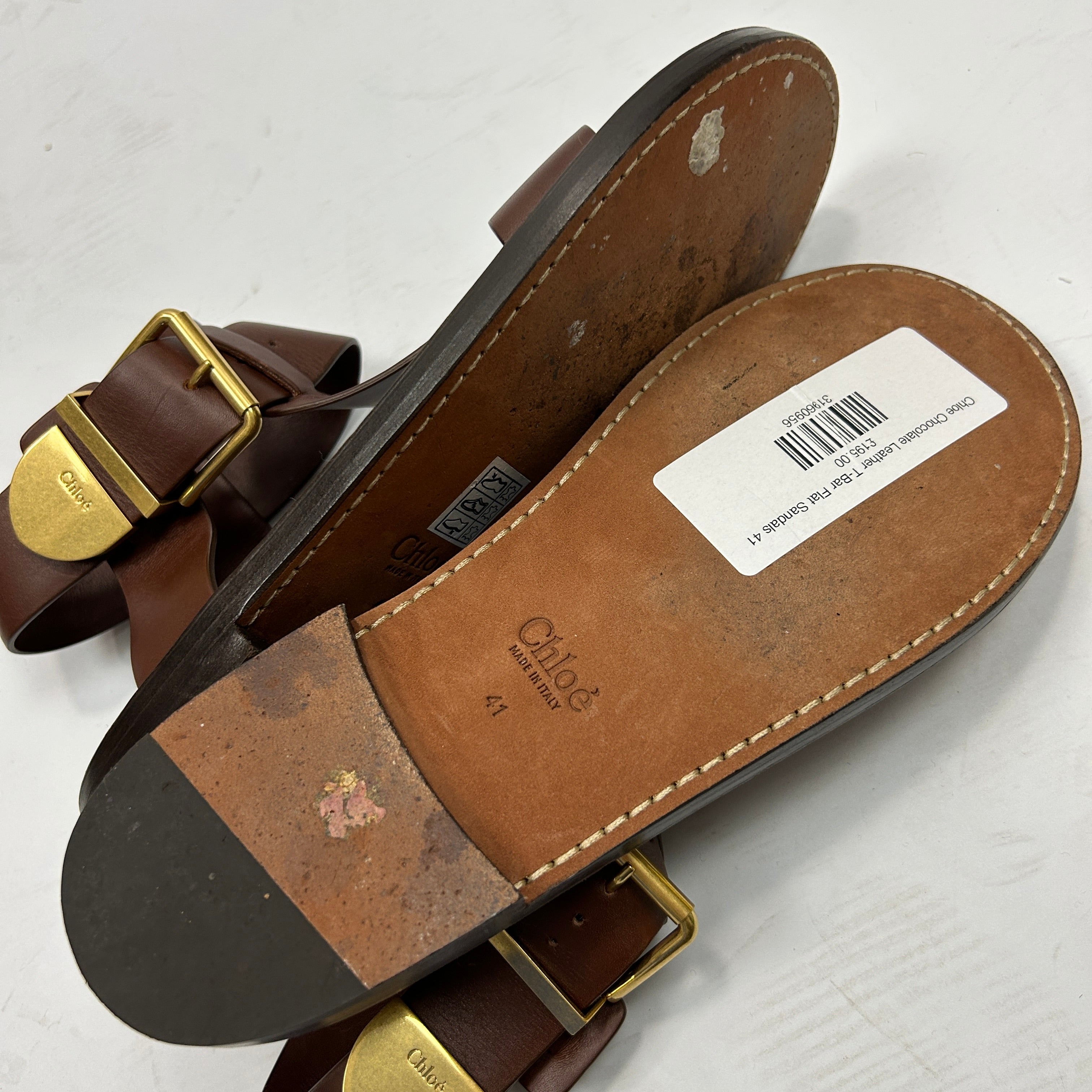 Chloe Chocolate Leather T-Bar Flat Sandals 41