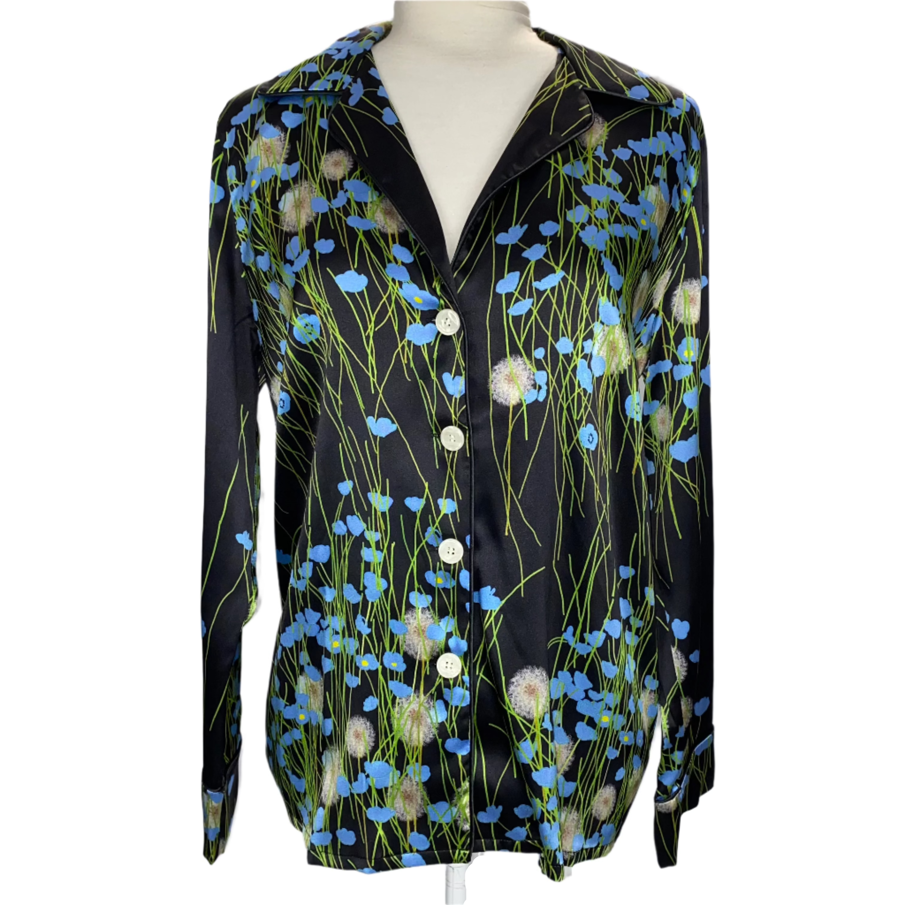 Bernadette £663 Black Buttercup Field Print Silk Pyjama Set M