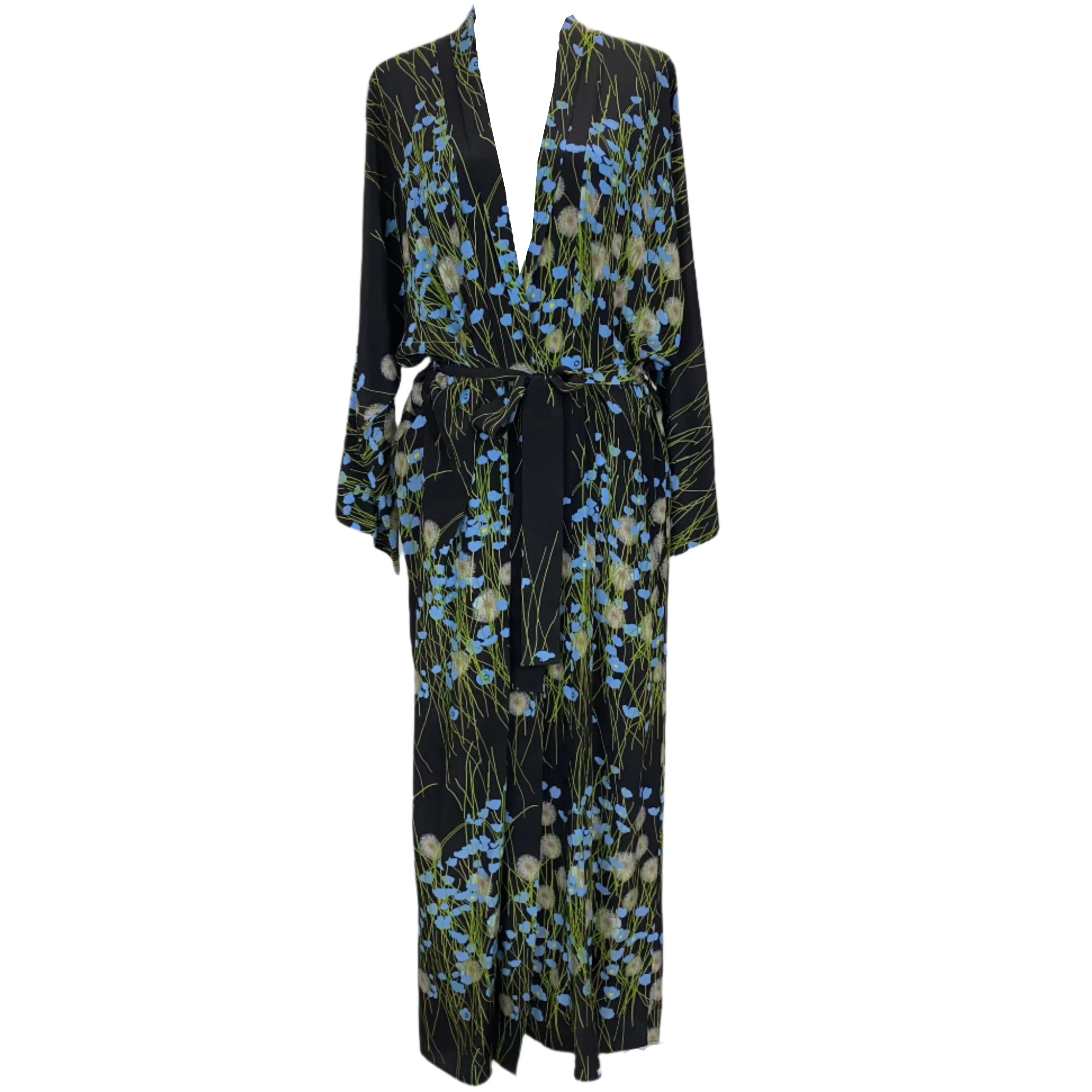 Bernadette £944 Black Buttercup Field Print Silk Robe S