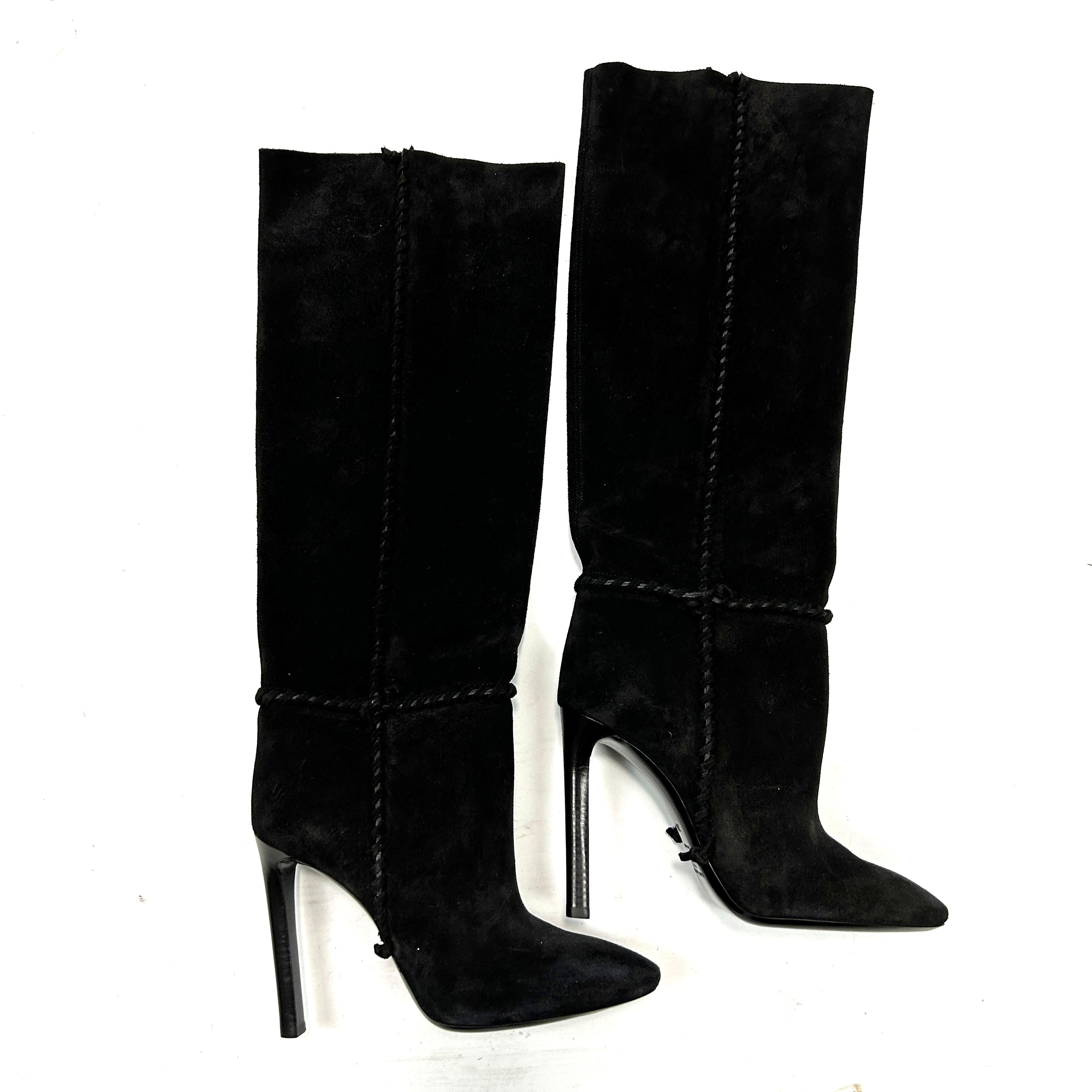 Saint Laurent £1200 Black Suede Whipstitched Knee Boots 38