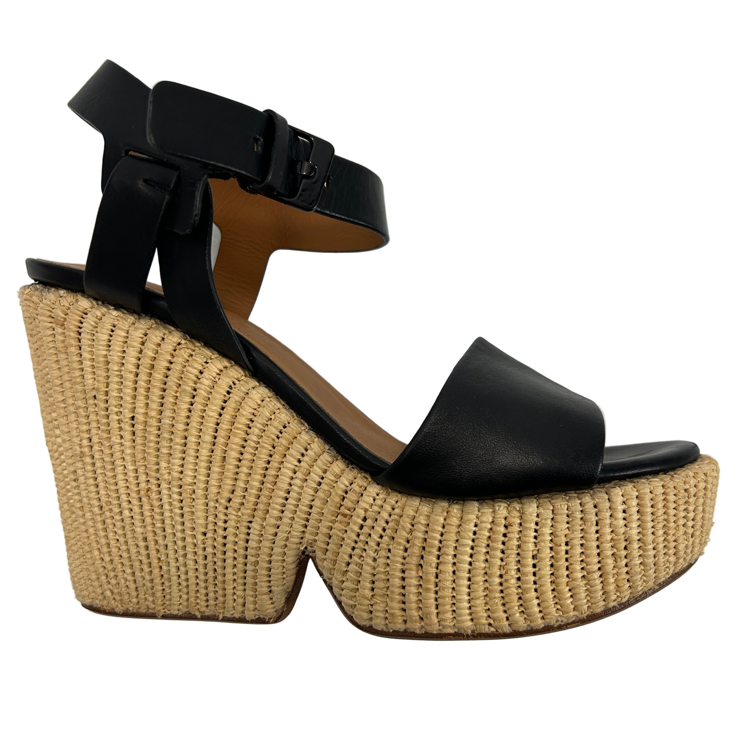 Clergerie New Black Leather & Basketweave Wedge Sandals 38