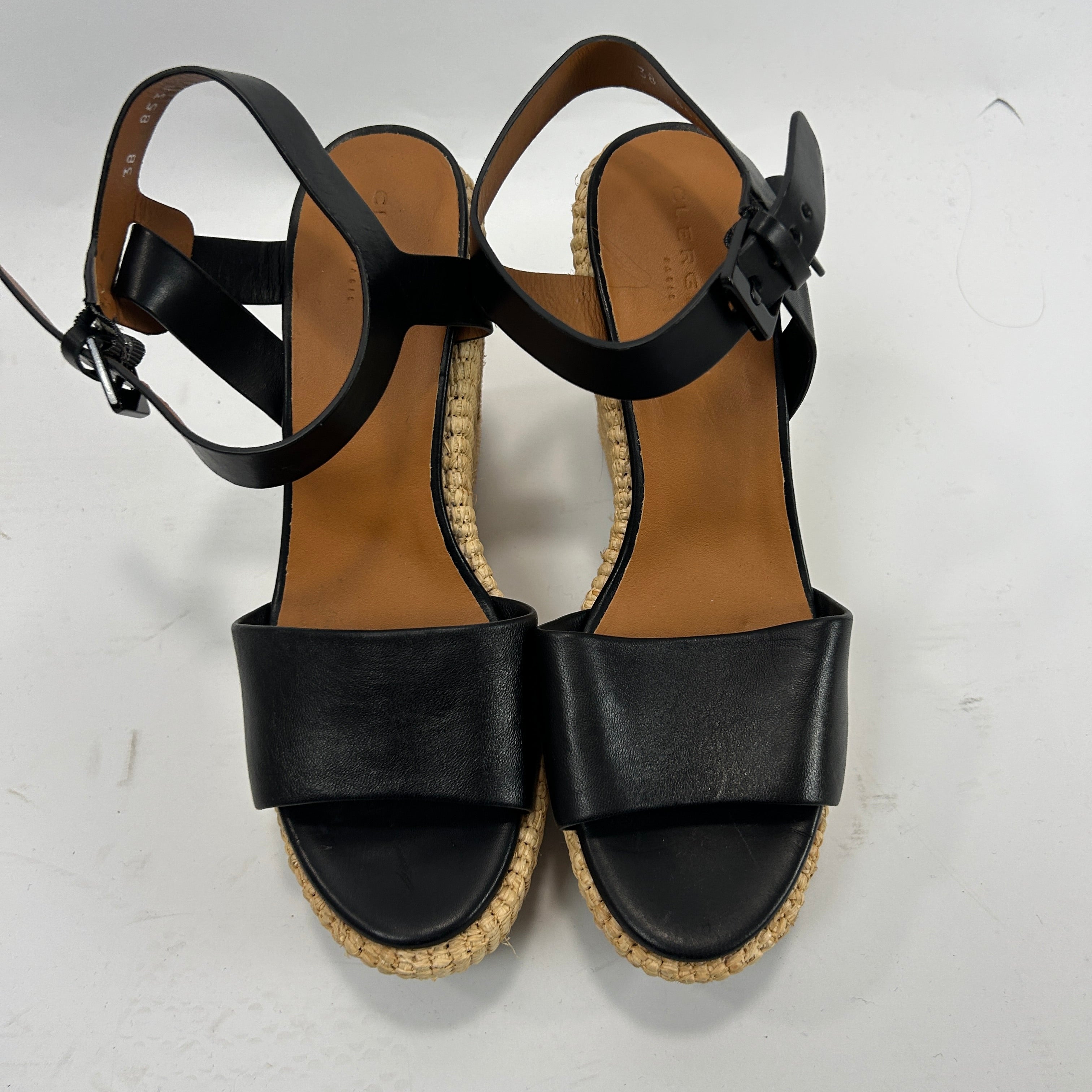 Clergerie New Black Leather & Basketweave Wedge Sandals 38