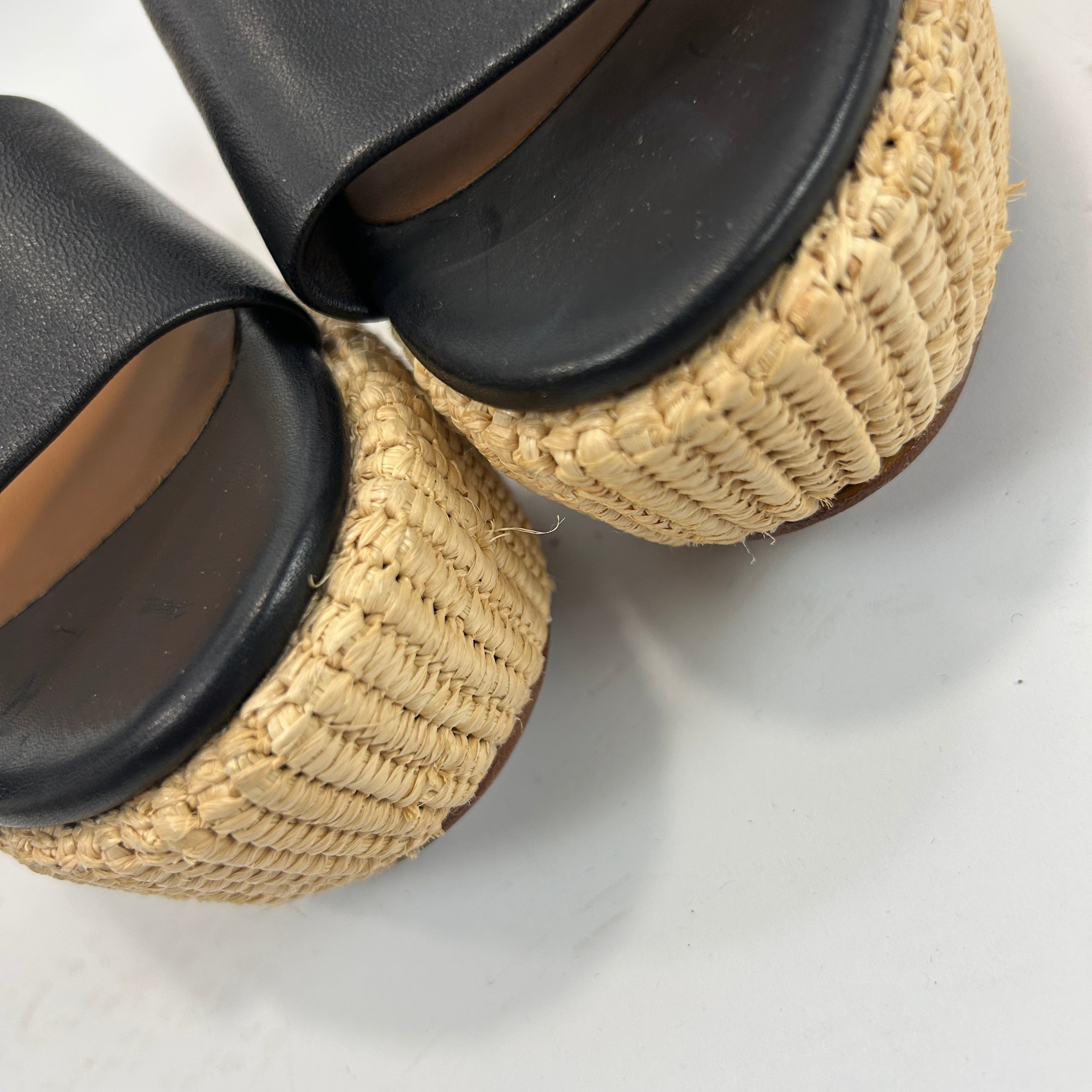 Clergerie New Black Leather & Basketweave Wedge Sandals 38
