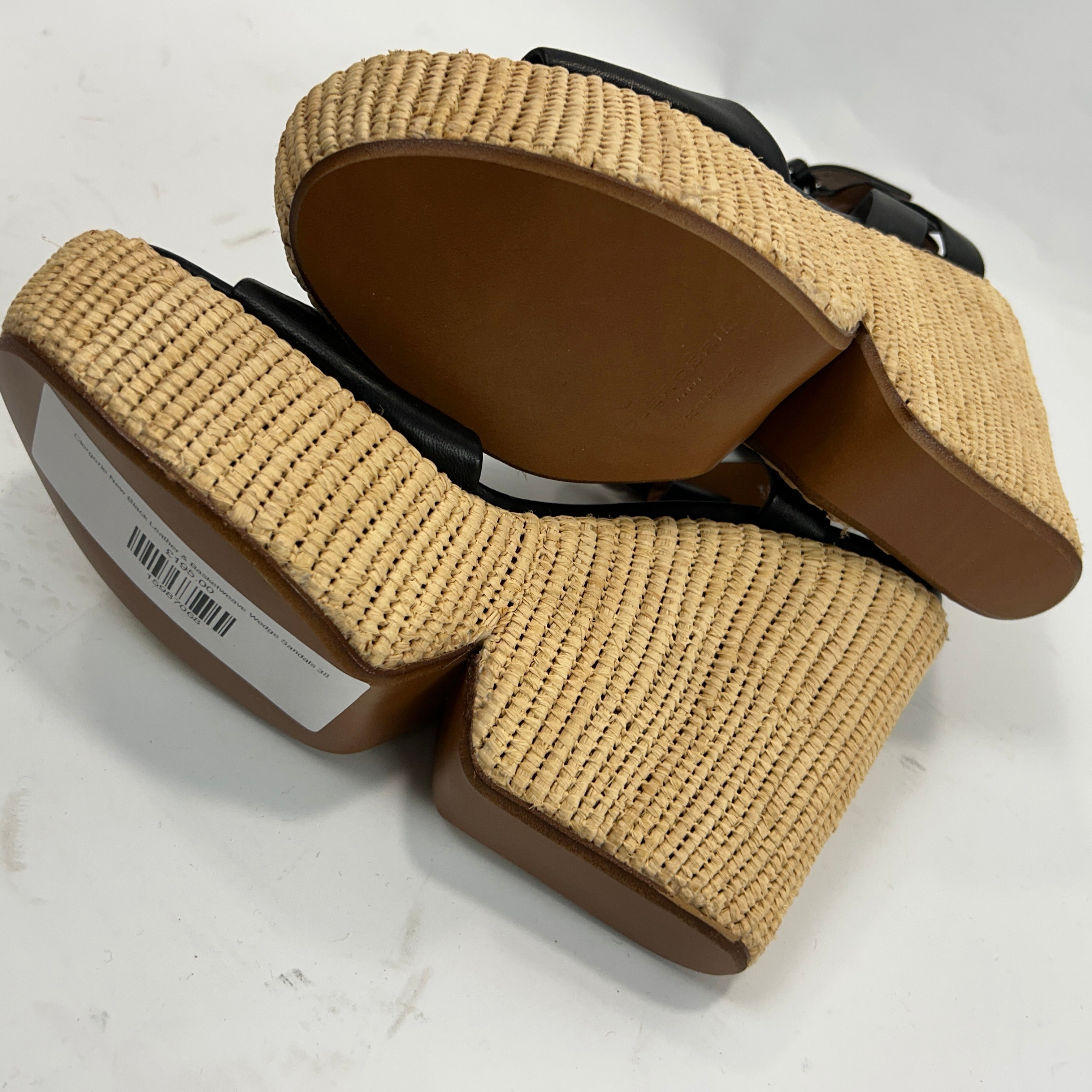 Clergerie New Black Leather & Basketweave Wedge Sandals 38