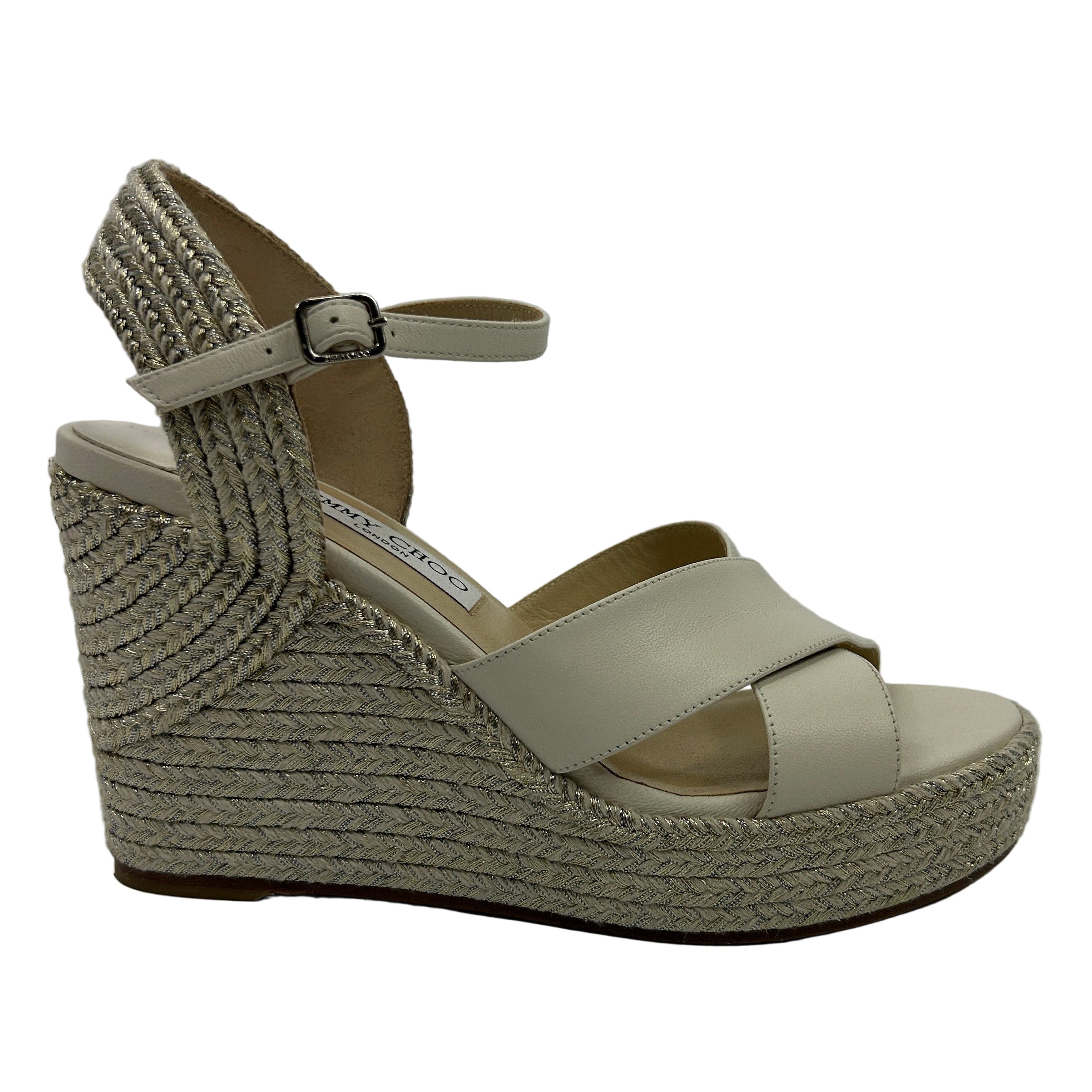 Jimmy Choo Ivory & Gold Espadrille Wedge Sandals 38