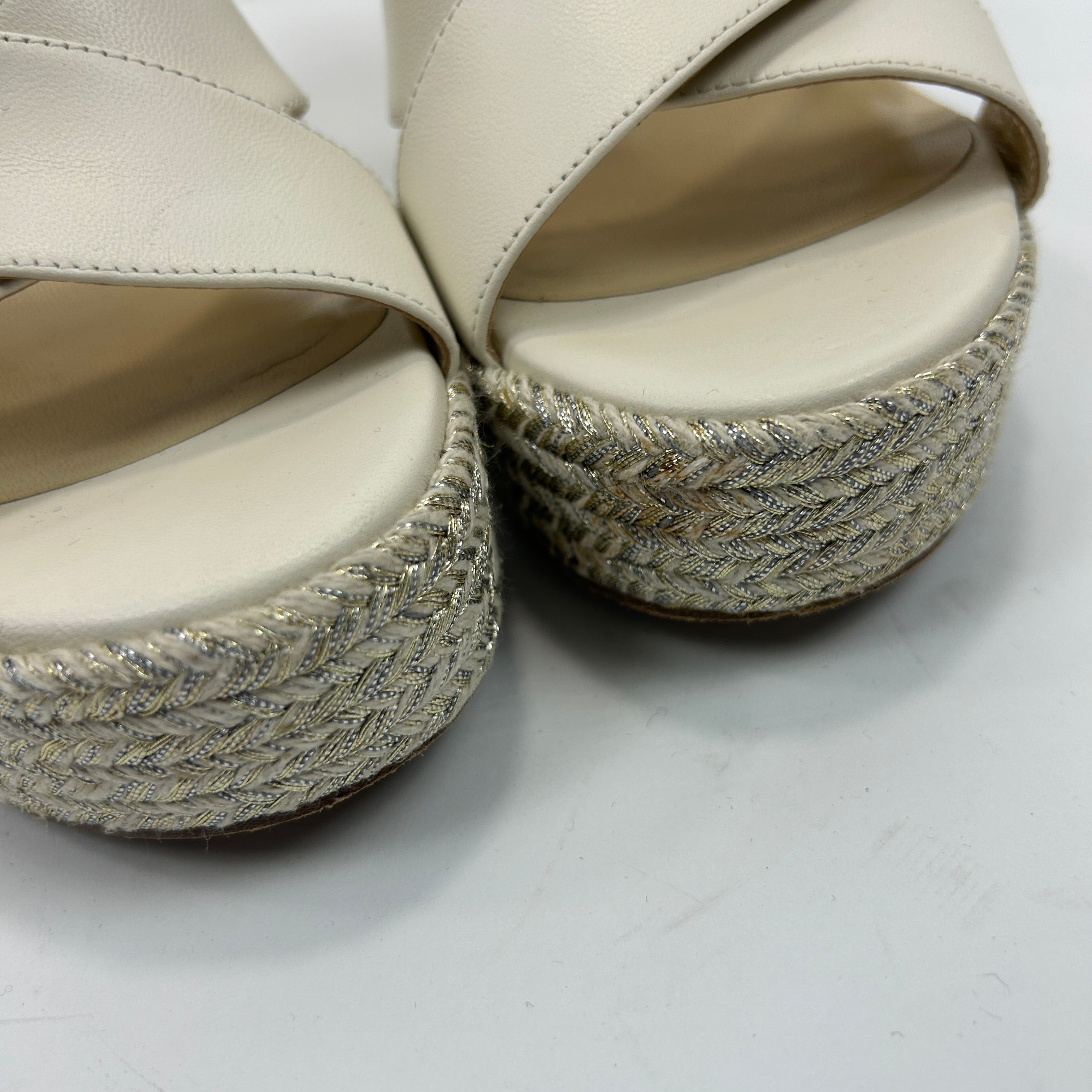Jimmy Choo Ivory & Gold Espadrille Wedge Sandals 38