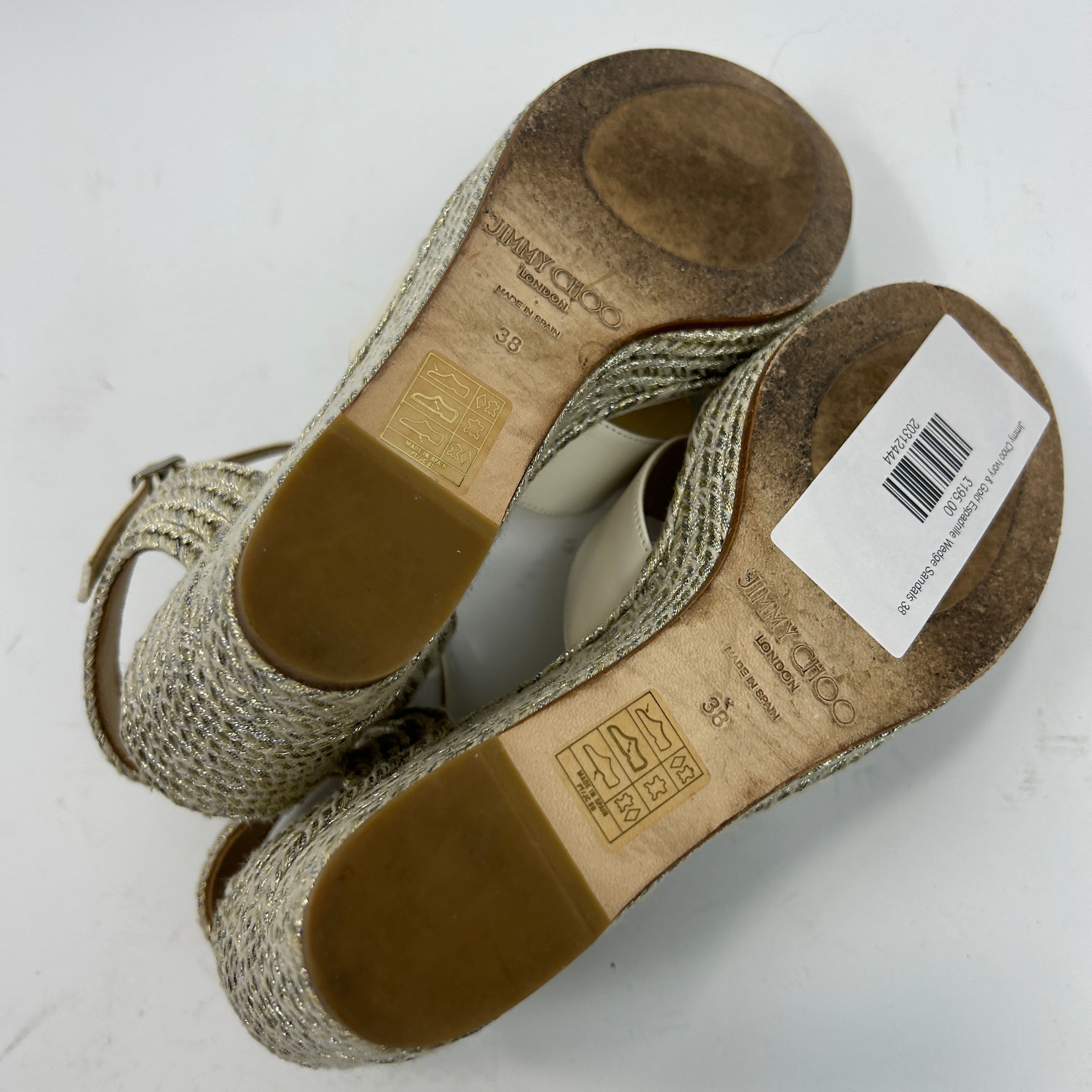 Jimmy Choo Ivory & Gold Espadrille Wedge Sandals 38