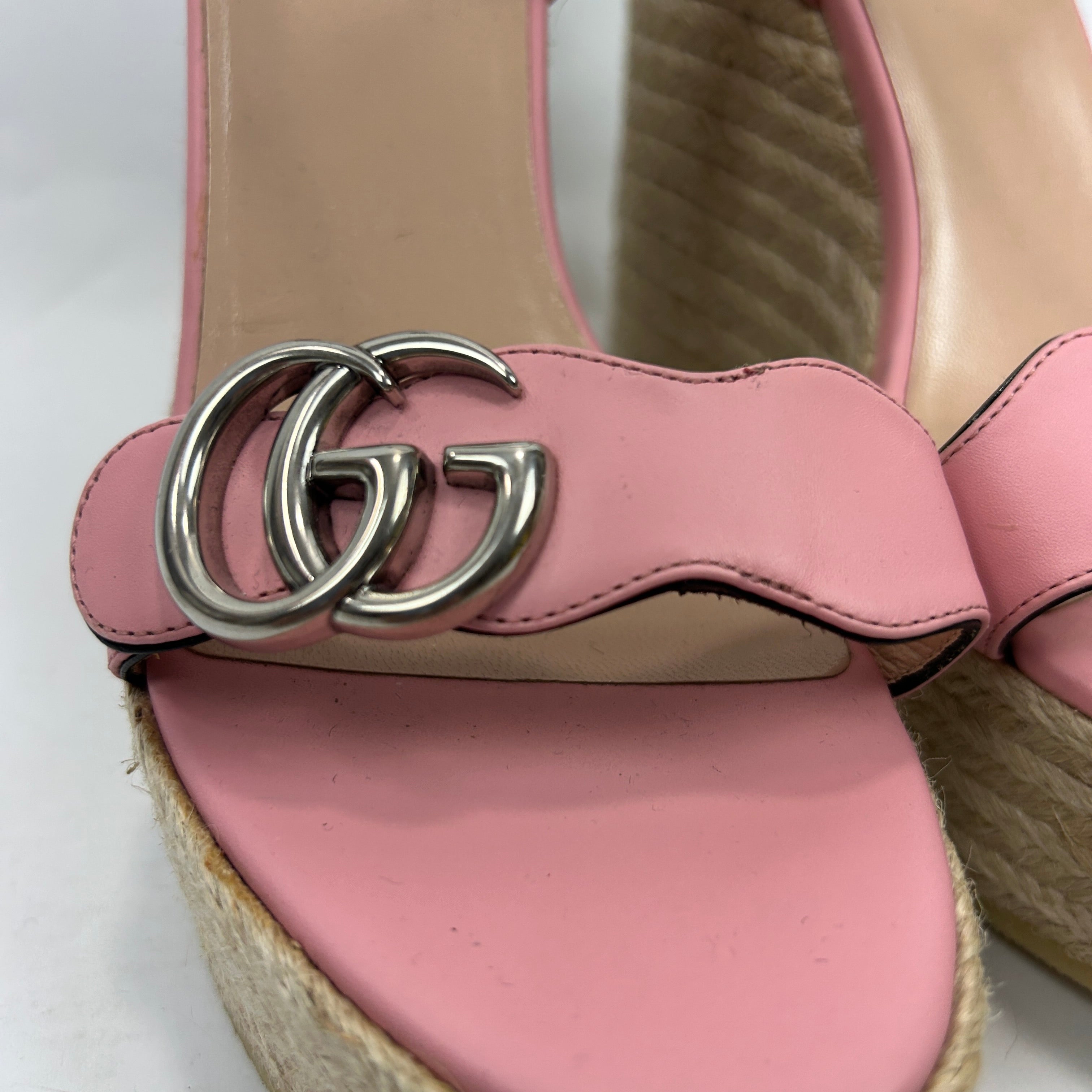 Gucci Baby Pink GG Espadrille Wedge Sandals 38