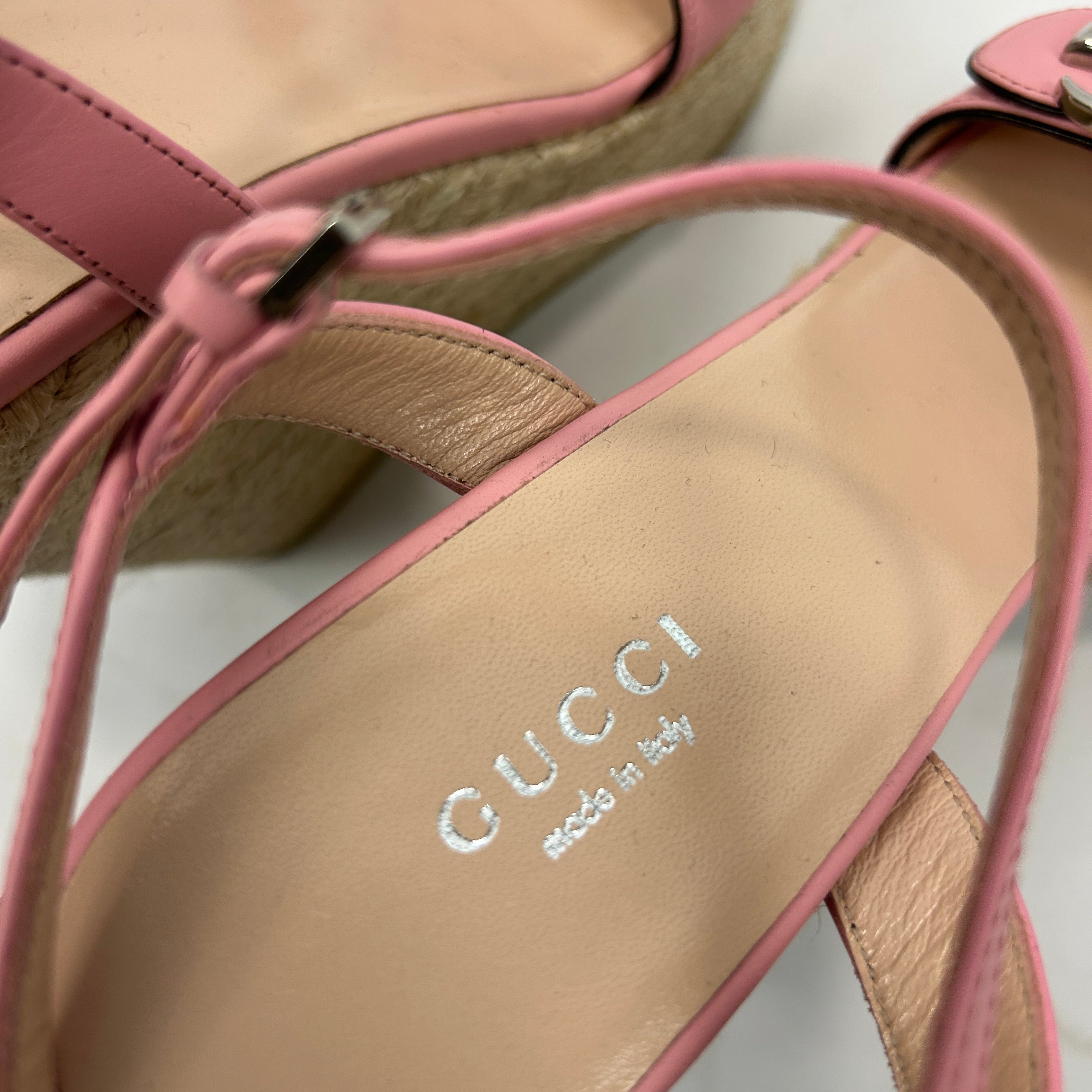 Gucci Baby Pink GG Espadrille Wedge Sandals 38