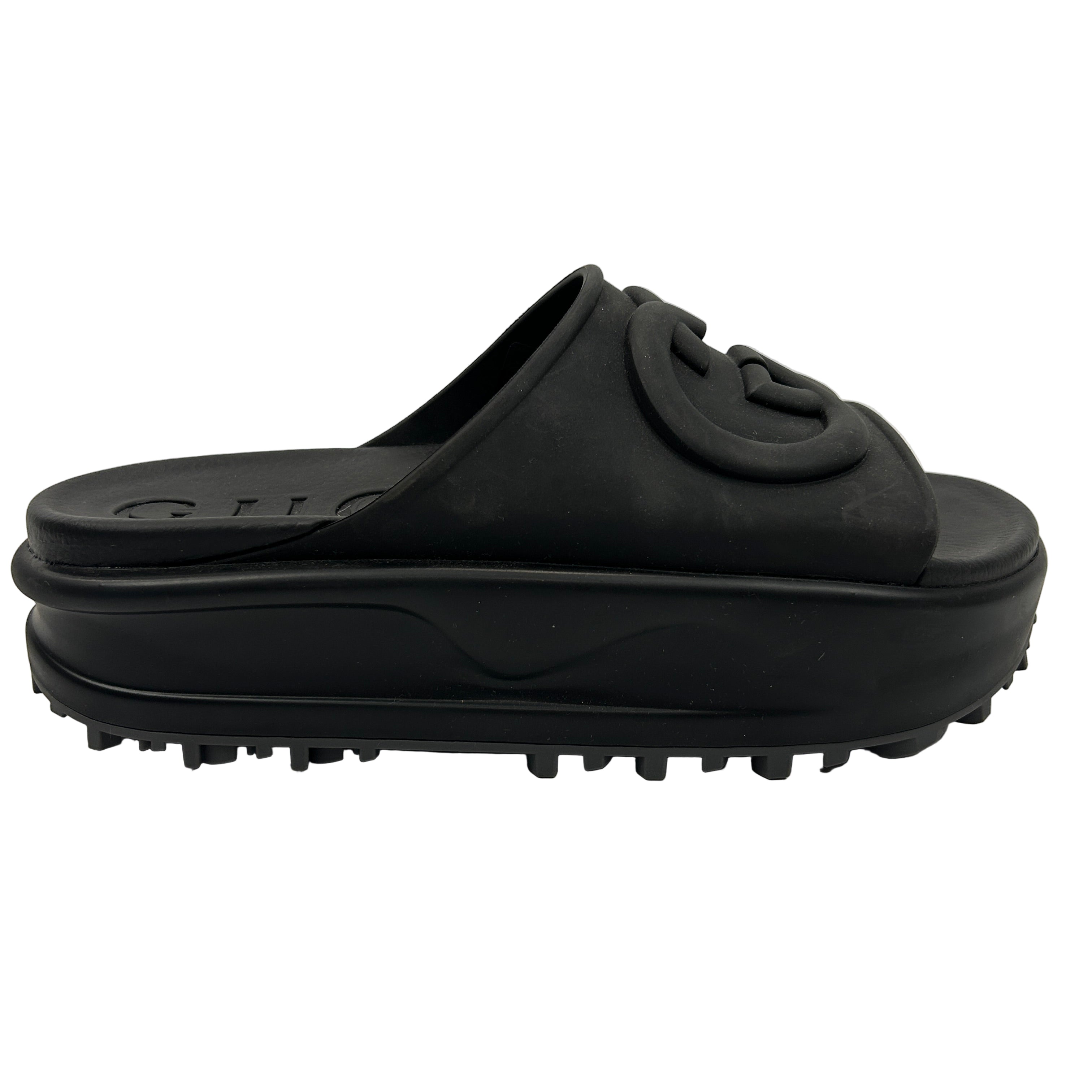 Gucci New Black Rubber GG Slides 38