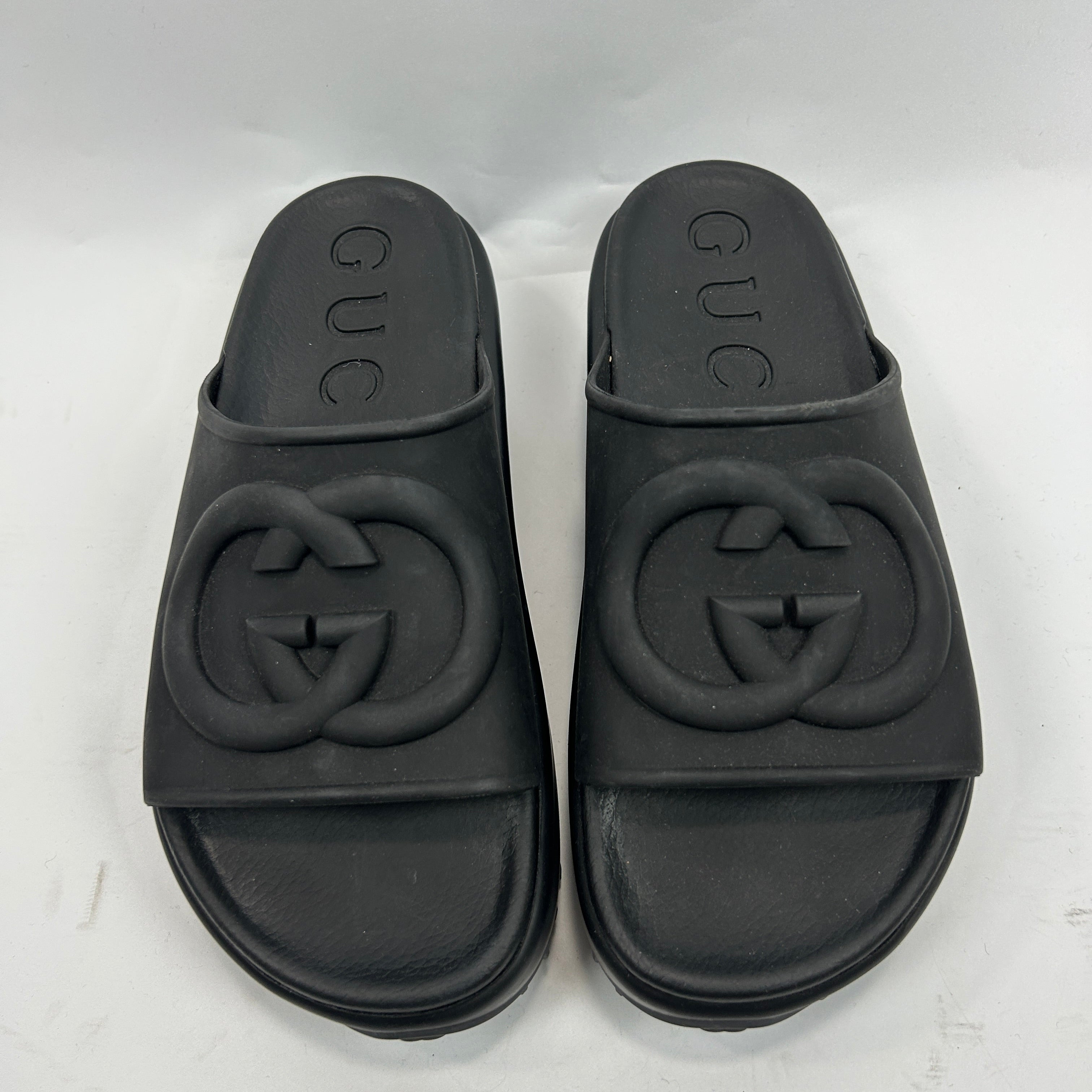 Gucci New Black Rubber GG Slides 38