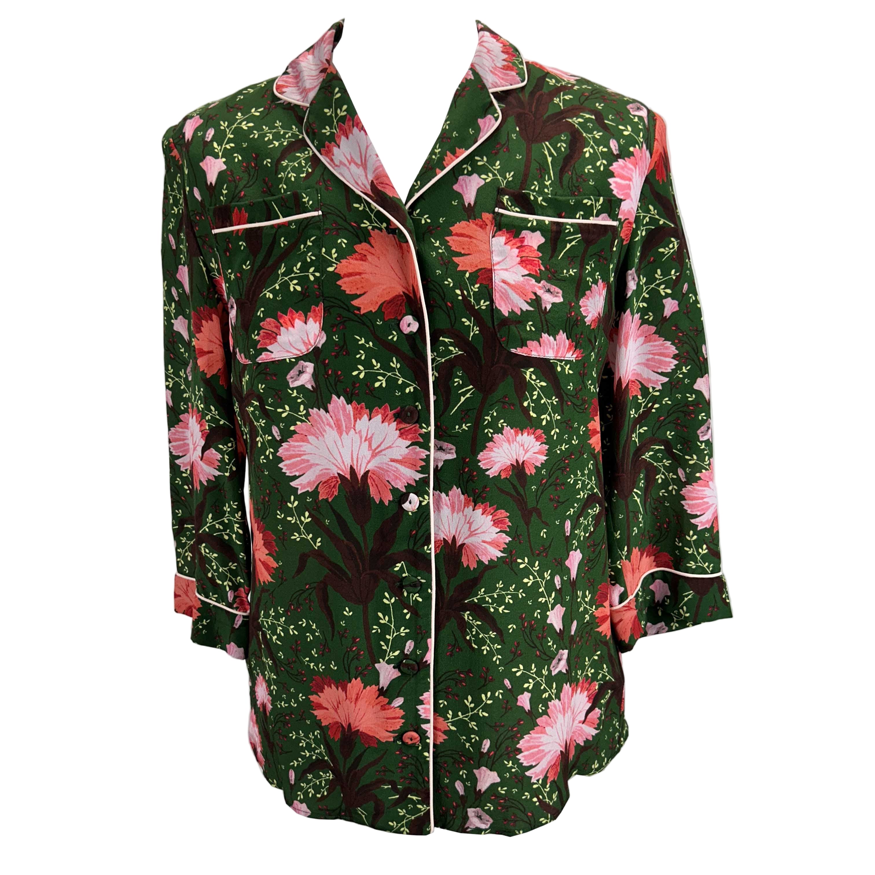 Erdem New Forest Green Floral Silk Ray Shirt XS