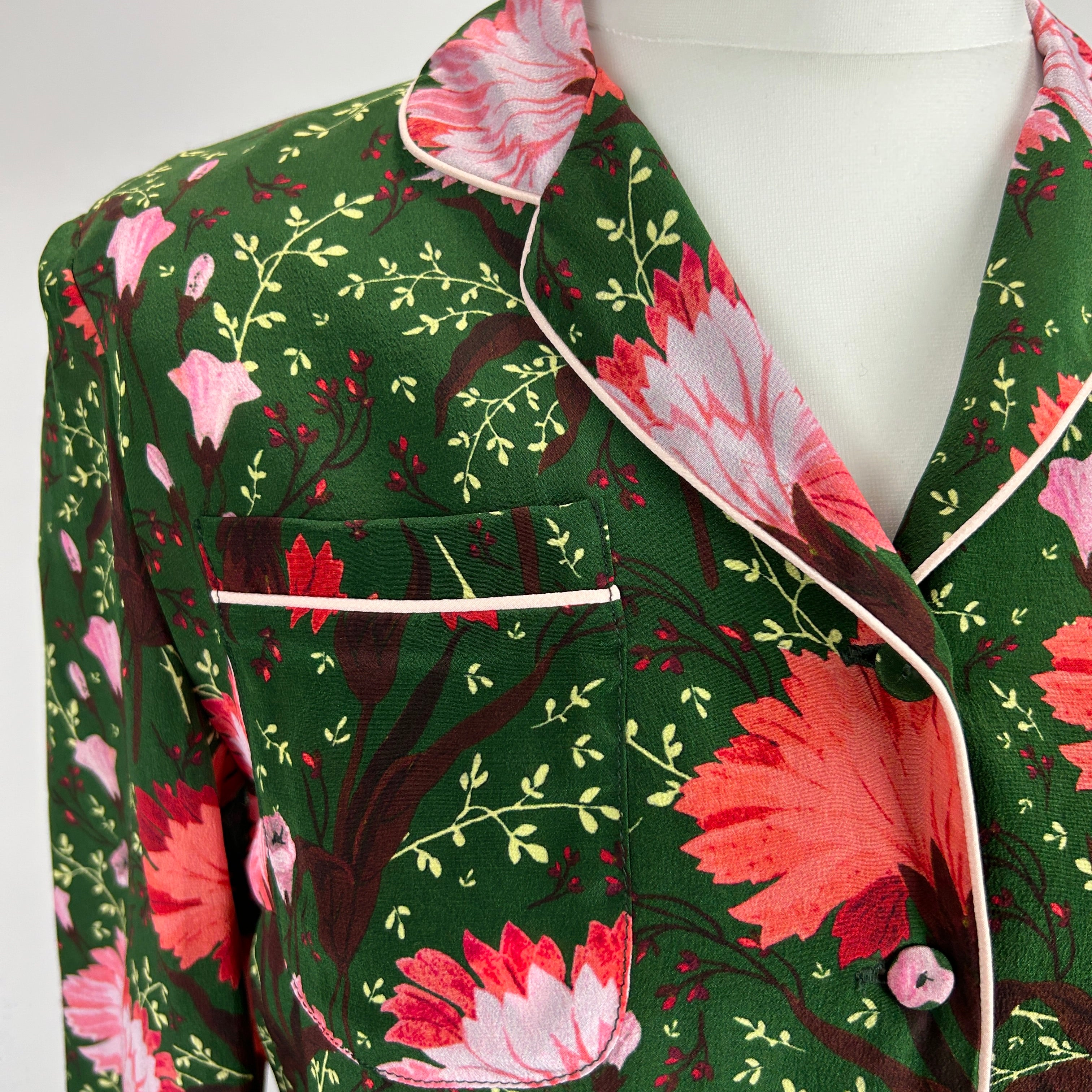 Erdem New Forest Green Floral Silk Ray Shirt XS